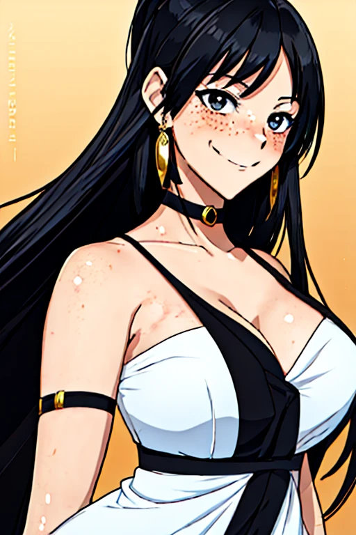 masterpiece, highest quality, {highest quality}, {{masterpiece}}, {High resolution}, concentrated, Anime Style, Woman cartoon closeup, Girl Design, Portraiture, Gisha, Anime Images, Long Hair, Black Hair, Straight eyes, Hair covering the ears, Happy, Sophisticated and powerful appearance, exotic, expensive, freckles, smile, Chic outfit  