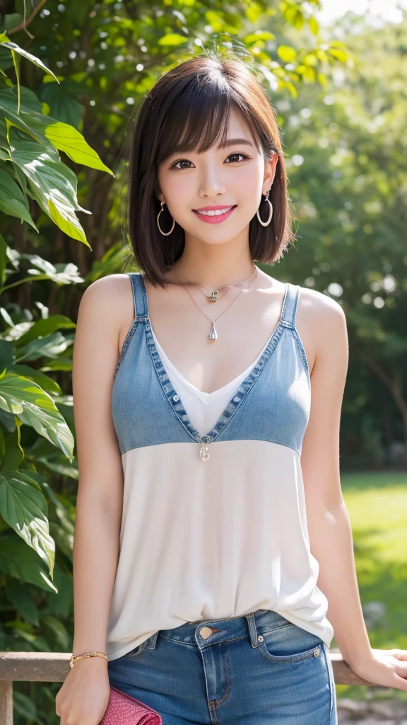 (8k, Photorealistic, Raw photo, Highest quality: 1.4),Japanese idol style1Beautiful girl of the person,18-year-old,Short Bob,Silver Hair,Hang your hair over your ears,Wearing small earrings in the ears,Big, clear grey eyes,Long eyelashes,Tear bags,There is a blackhead under the left eye,Plump Cheeks,Wearing pink lipstick,Apply gloss over your lipstick for glossy, plump lips,A short pendant is hanging around her neck.,Both hands have pink nail polish on their nails,Both toenails have black nail polish,Smiling,Wearing a white sleeveless summer knit,Wearing skin-tight distressed jeans,Wearing red high heels,She is surrounded by the gentle sunlight filtering through the trees.,Full body portrait