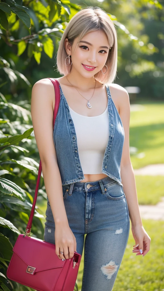 (8k, Photorealistic, Raw photo, Highest quality: 1.4),Japanese idol style1Beautiful girl of the person,18-year-old,Short Bob,Silver Hair,Hang your hair over your ears,Wearing small earrings in the ears,Big, clear grey eyes,Long eyelashes,Tear bags,There is a blackhead under the left eye,Plump Cheeks,Wearing pink lipstick,Apply gloss over your lipstick for glossy, plump lips,A short pendant is hanging around her neck.,Both hands have pink nail polish on their nails,Both toenails have black nail polish,Smiling,Wearing a white sleeveless summer knit,Wearing skin-tight distressed jeans,Wearing red high heels,She is surrounded by the gentle sunlight filtering through the trees.,Full body portrait