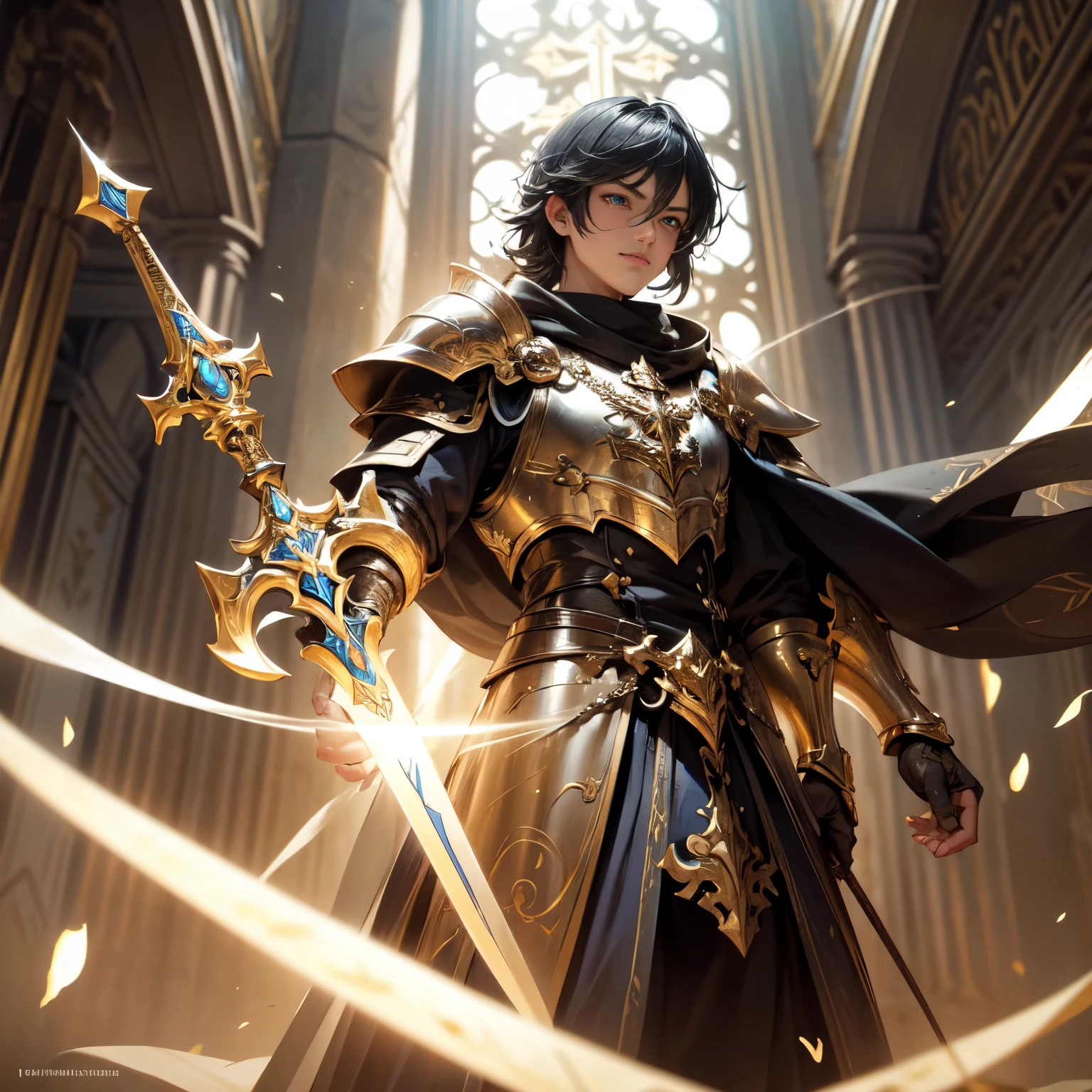 Create a detailed, cinematic image of an awe-inspiring paladin. The paladin is wearing shining golden armor, with intricate details and refined ornamentations. He wields a sword imbued with radiant light, whose luminosity spreads across the scene, iluminando os arredores. In his other hand, ele segura um escudo gigante dourado, decorated with intricate heraldic motifs and sacred symbols. Your blue eyes shine with determination and courage. The paladin is navigating a narrow, winding alley, com paredes altas de tijolos e janelas com grades de ferro. A luz da espada ilumina o beco, revealing intricate details and menacing shadows. The overall aesthetic of the image should capture the beauty and depth of the scene, reminiscentes da fotografia da Fujifilm, com ricos contrastes e cores vibrantes. A imagem deve ser renderizada em 8k para garantir uma qualidade ultra HD.