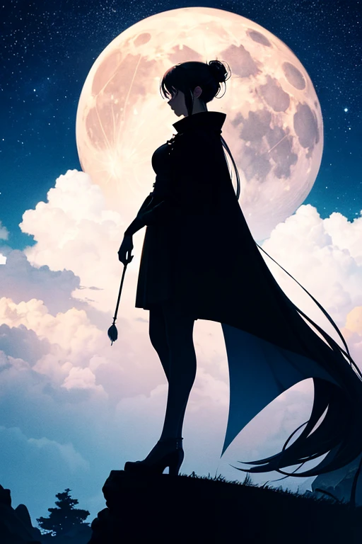 highest quality,Big moon and shadow,A silhouette of a person can be seen against the backdrop of a large moon.,There is one full moon,There is a mood,Beautiful scenery,Starry Sky