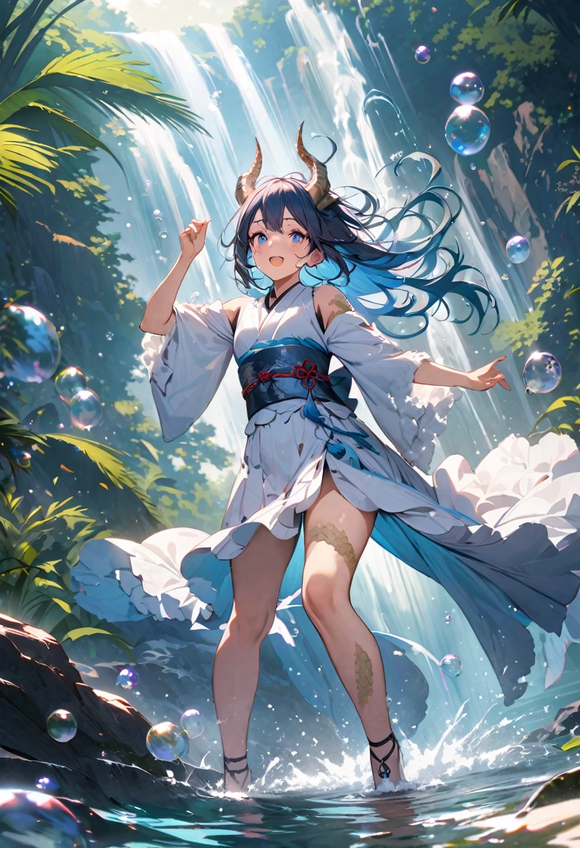 ganyu_\(genshin_impact\), hiten kei style, claude monet, oil painting, masterpiece, hyper realistic, realistic skin, best quality, 1girl, lakeside, medium breasts, huge nipples, erect nipples, topless, full body, vector illustration, nipples, light smile, bangs, long hair, stomach, navel, bare shoulders, blue hair, horn, wet, soaked, raining, sarong, loincloth, black pantyhose, red tassel, magnolia leaves, autumn, sky, hands up, arched back, stretching, open mouth, bored, waterfalls, cliffs, falling leaves, resting, village on background, wet body, pouring rain, washing her body, taking bath, arched back, luhua pool, white flowers, rice paddies