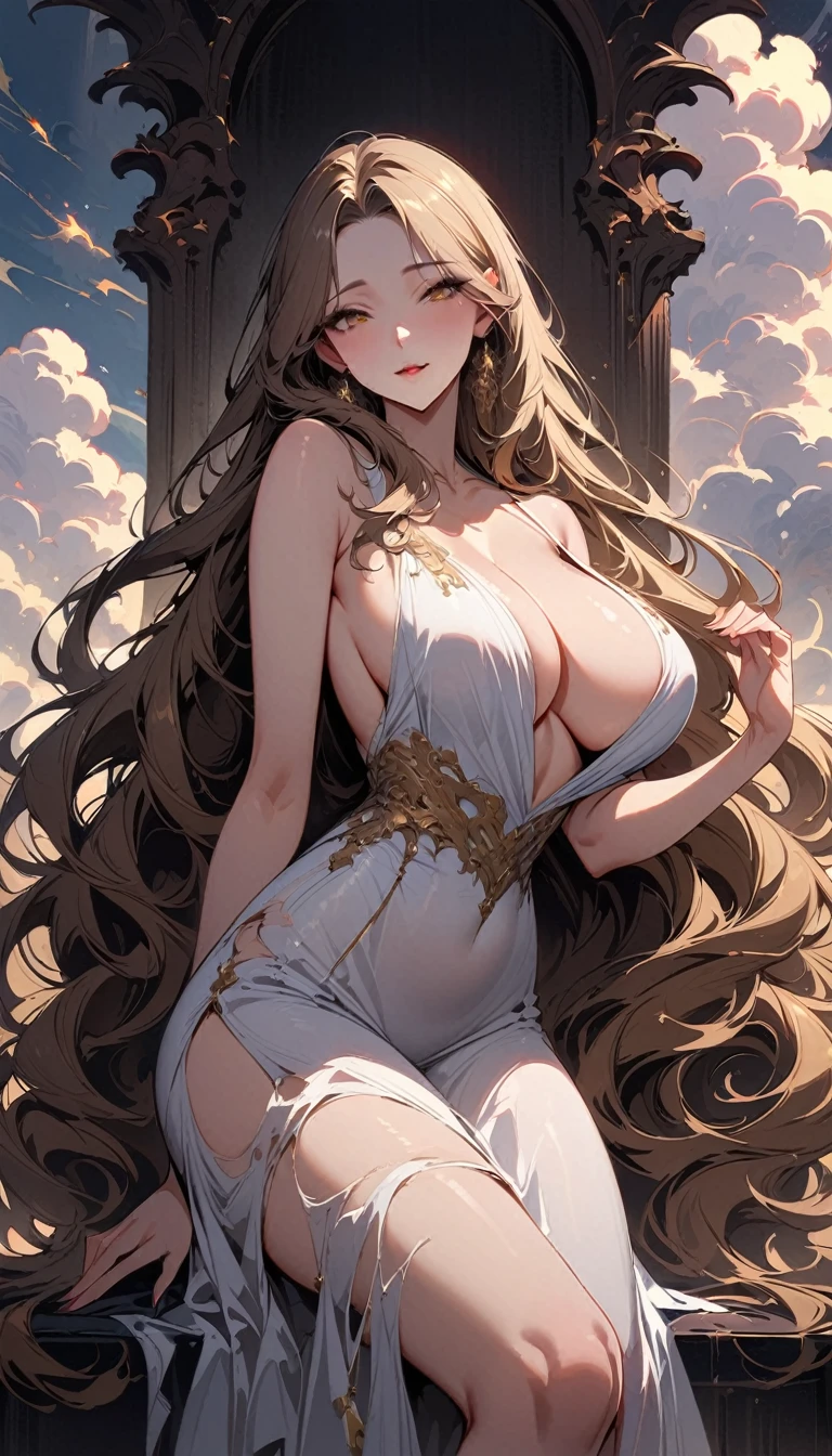 Masterpiece, very detailed, ultra detailed, one, (1 woman), she is in a simple white dress with gold details and in an elegant position, super mature, tall, mom, mature mother, super long hair, straight hair, bright golden hair, beautiful, charming, bright golden eyes, elegant, large breasts (huge, torn), naked breasts, cheerful breasts, mother's face, kind face, charming, white background, natural atmosphere on huge clouds.