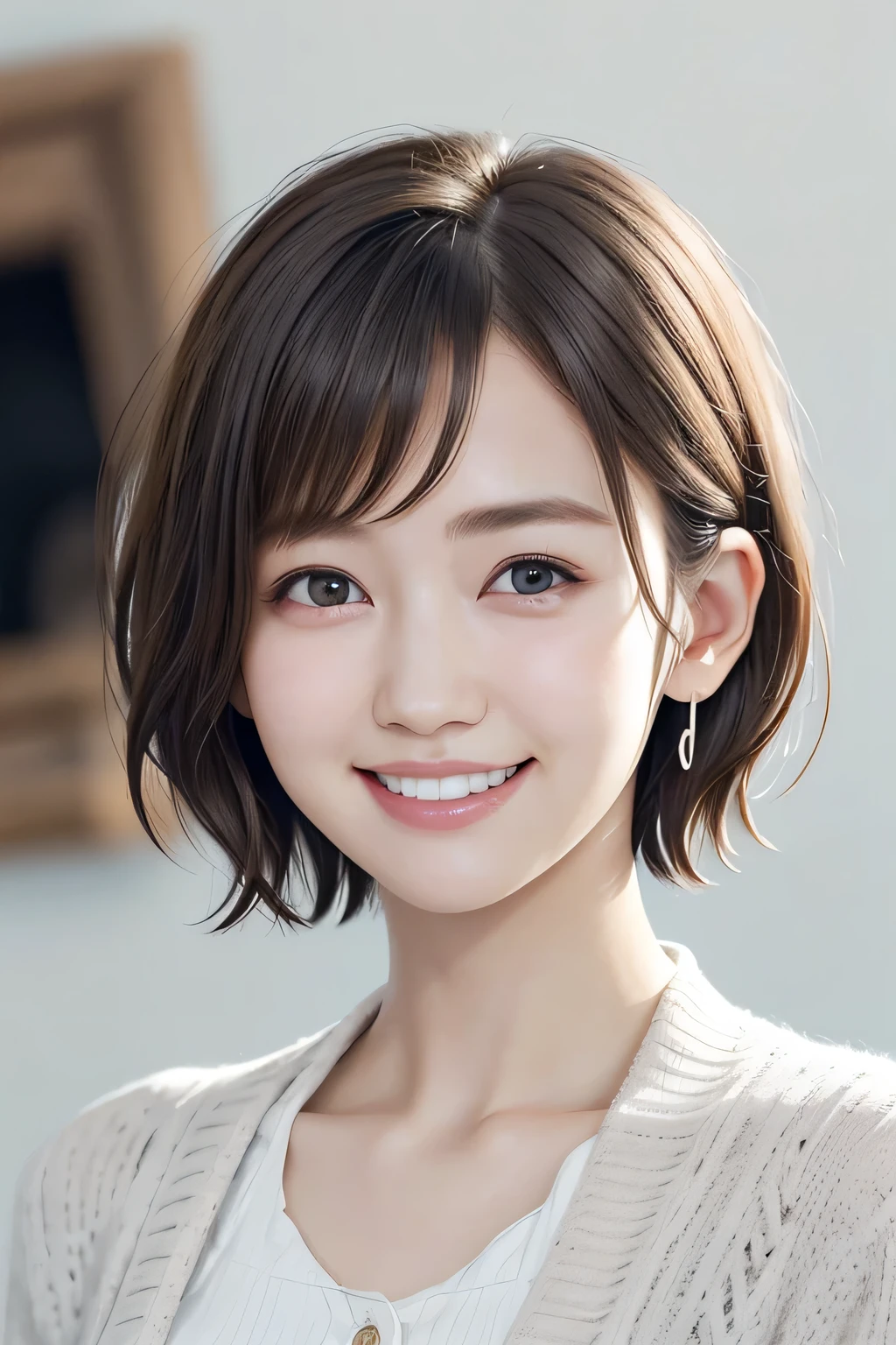 205 ((short hair)), 17Beautiful woman、, cardigan、shirt、Shoulder Fashion、smile、Beautiful teeth alignment、Black Hair、ear piercing、Looking into the camera, The background is the town