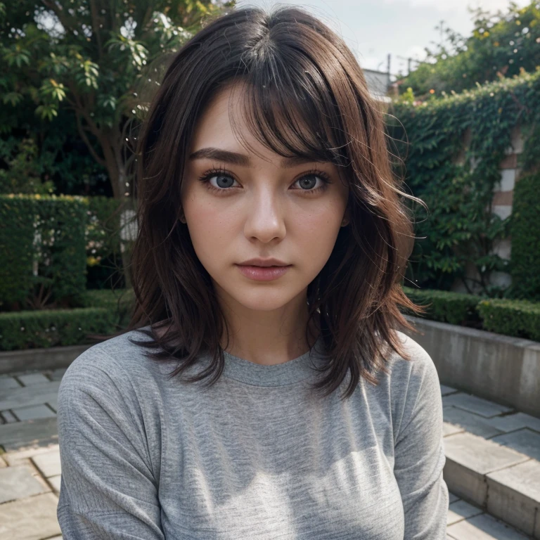 (Surreal), , (High resolution), (8k), (Very detailed), (Best illustrations), (Beautiful and fine details), (highest quality), (Ultra-detailed), (masterpiece), (Mortar Wallpaper), (Detailed face), garden,Underarm, thick,,,solo,Girl wearing a dark gray long-sleeved sweatshirt, Sweaty, Japanese, ,Concrete Background、Tile Background、Upper Body,Medium Hair、Realistic eyes、Perm Hair、amount、Ash's hair color、Fetish
