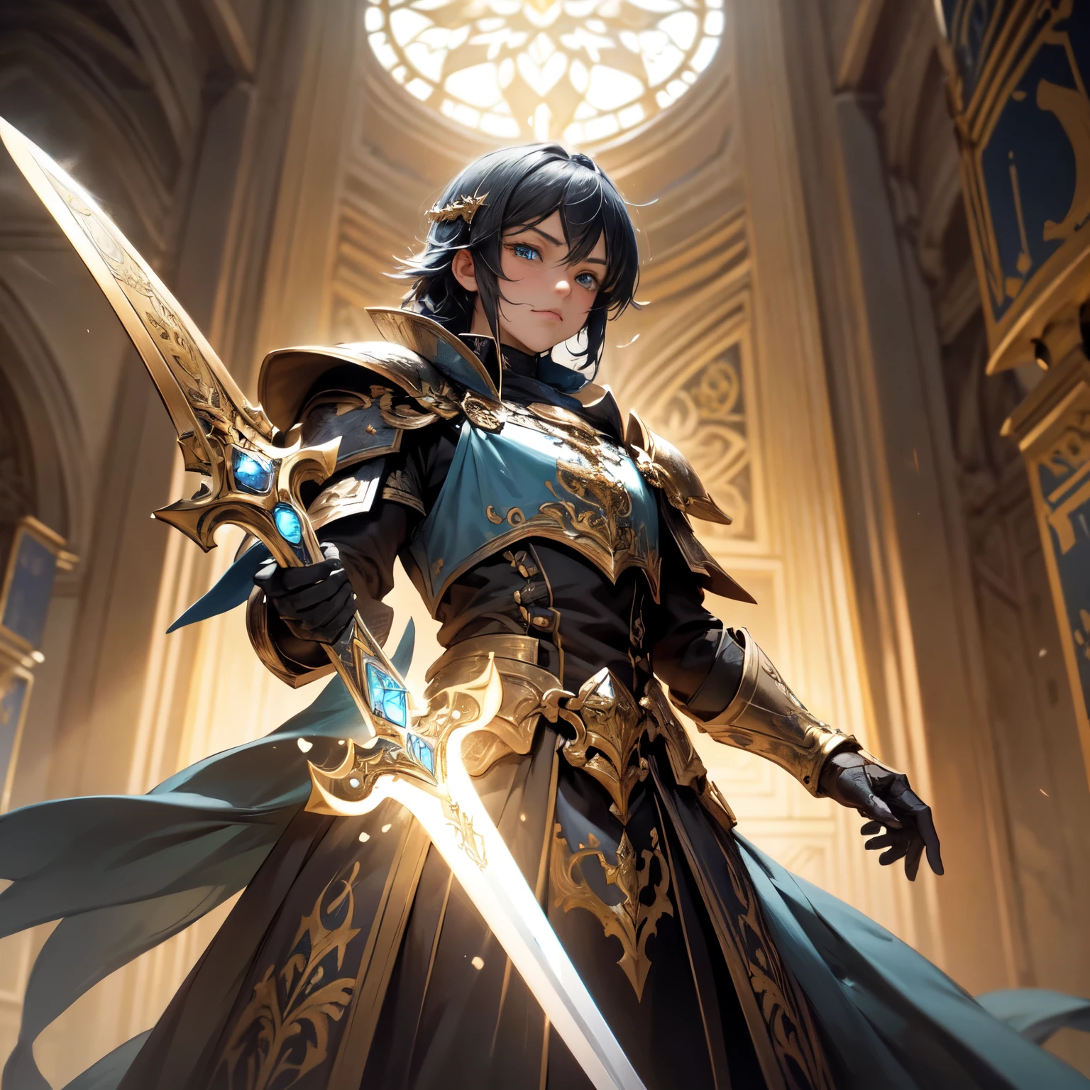 Create a detailed, cinematic image of an awe-inspiring paladin. The paladin is wearing shining golden armor, with intricate details and refined ornamentations. He wields a sword imbued with radiant light, whose luminosity spreads across the scene, iluminando os arredores. In his other hand, ele segura um escudo gigante dourado, decorated with intricate heraldic motifs and sacred symbols. Your blue eyes shine with determination and courage. The paladin is navigating a narrow, winding alley, com paredes altas de tijolos e janelas com grades de ferro. A luz da espada ilumina o beco, revealing intricate details and menacing shadows. The overall aesthetic of the image should capture the beauty and depth of the scene, reminiscentes da fotografia da Fujifilm, com ricos contrastes e cores vibrantes. A imagem deve ser renderizada em 8k para garantir uma qualidade ultra HD.