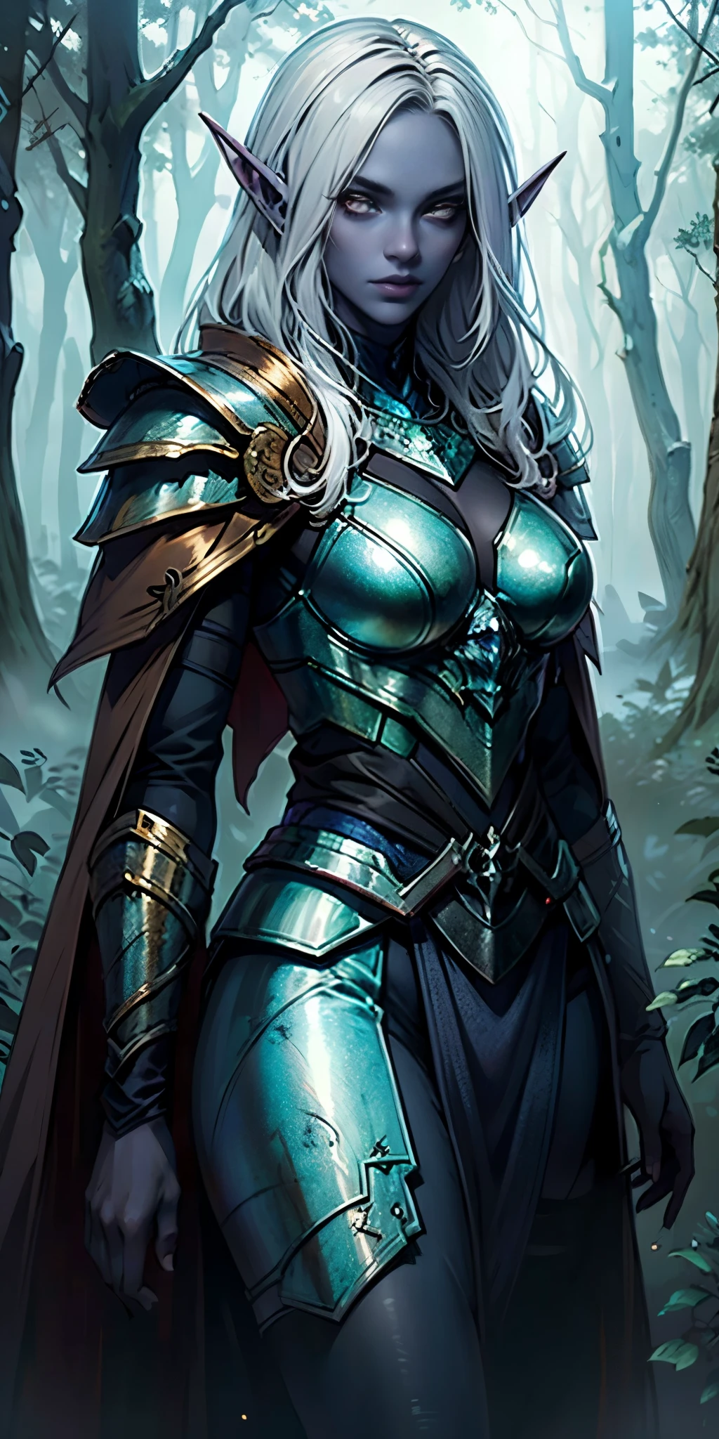 masterpiece, best quality, CG, wallpaper, HDR, high quality, high-definition, extremely detailed, drow, colored skin, dark elf, blue skin, grey skin, pointy ears, cape, armor, looking at viewer, 1girl, forest, dark forest, mythical forest, dimmed light, brown eyes, long hair, chibi