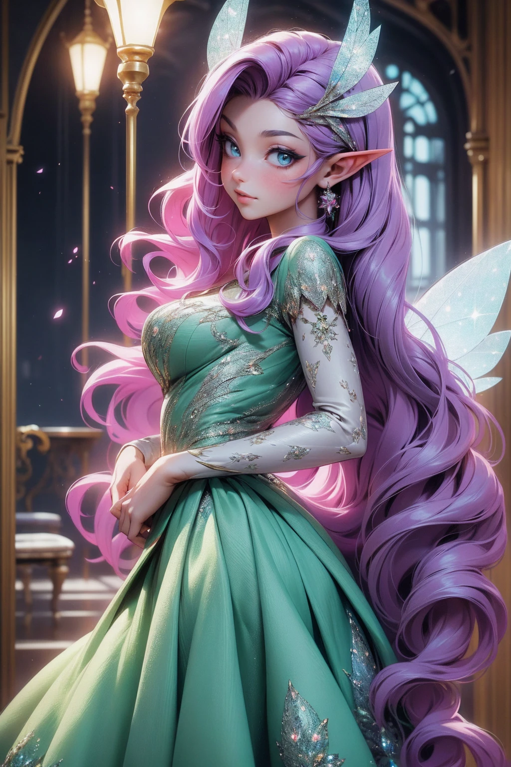 (Absurd, high quality, ultra -compared, careful with the hand) fairy, fairy wings, dreamer body, vivid, romantic and all. Optimistic face, just lies, without entry and intellectual. Green dress. Reckless style, sweet and passion, Gray eyes, cute (eyes of the eyes), enchanted fairy (pixie) . long hair, magenta hair. In the carnival row illustration, flying, dancing lithgly, Whole body,