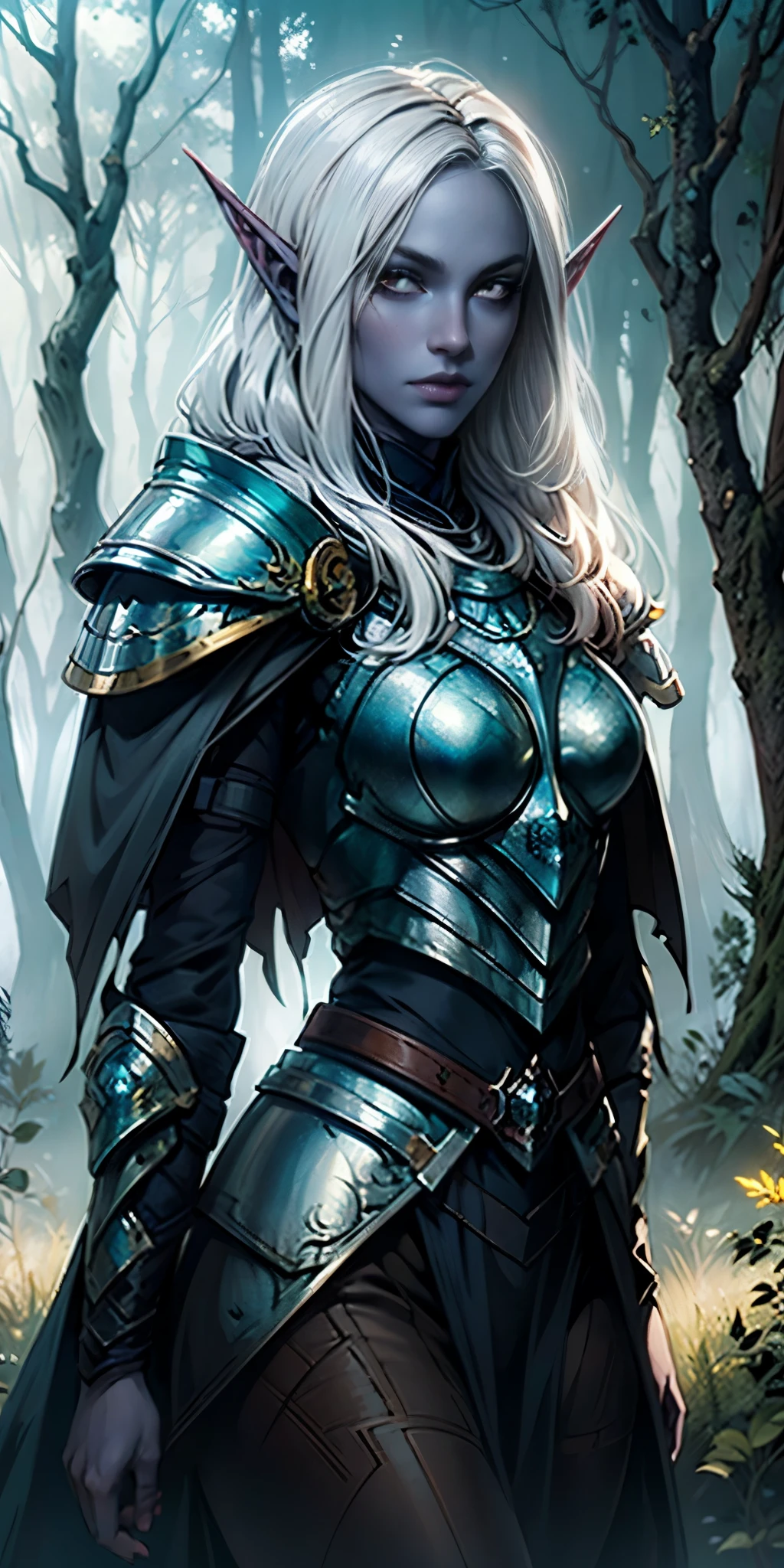 masterpiece, best quality, CG, wallpaper, HDR, high quality, high-definition, extremely detailed, drow, colored skin, dark elf, blue skin, grey skin, pointy ears, cape, armor, looking at viewer, 1girl, forest, dark forest, mythical forest, dimmed light, brown eyes, long hair, chibi