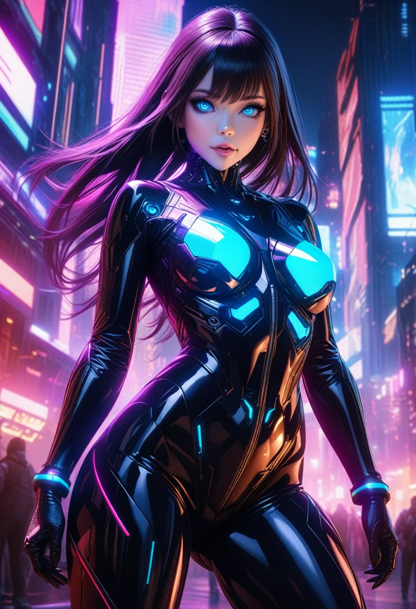 lewd, a tight combat suit, futuristic cyberpunk female android, black combat suit, hyper detailed, highly detailed face, beautiful piercing eyes, glowing blue cybernetic implants, sleek black bodysuit, intricate mechanical details, advanced technology, neon cityscape background, cinematic lighting, vibrant colors, photorealistic, 8k, hyper realistic, masterpiece
