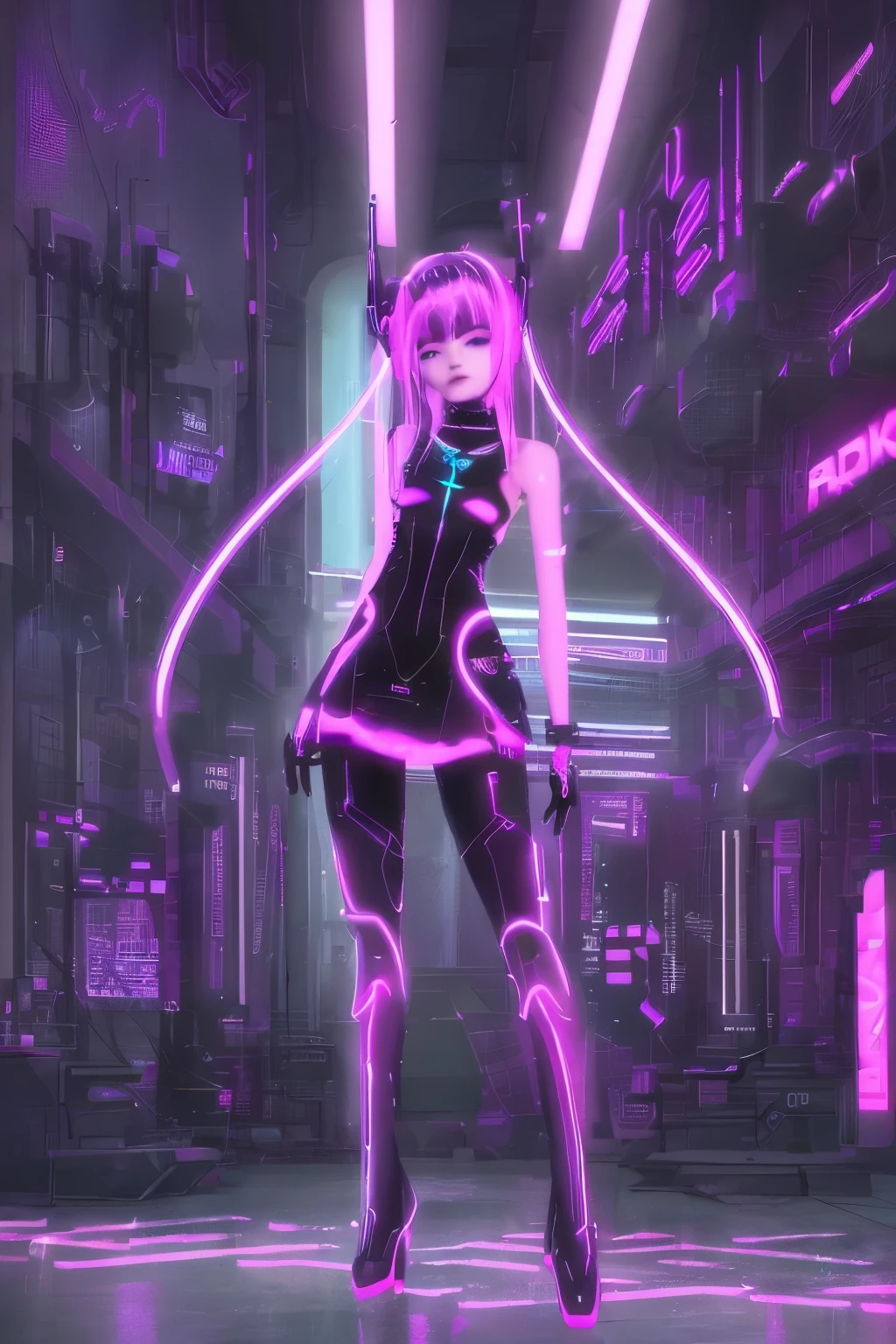 high quality、high resolution、cyber punk、dim、Neon lights decorating the building、Pink Neon Light、Purple Neon Light、light blue neon light、The right arm is mechanical、Black long skirt、Black boots with mechanical parts、Wet ground、