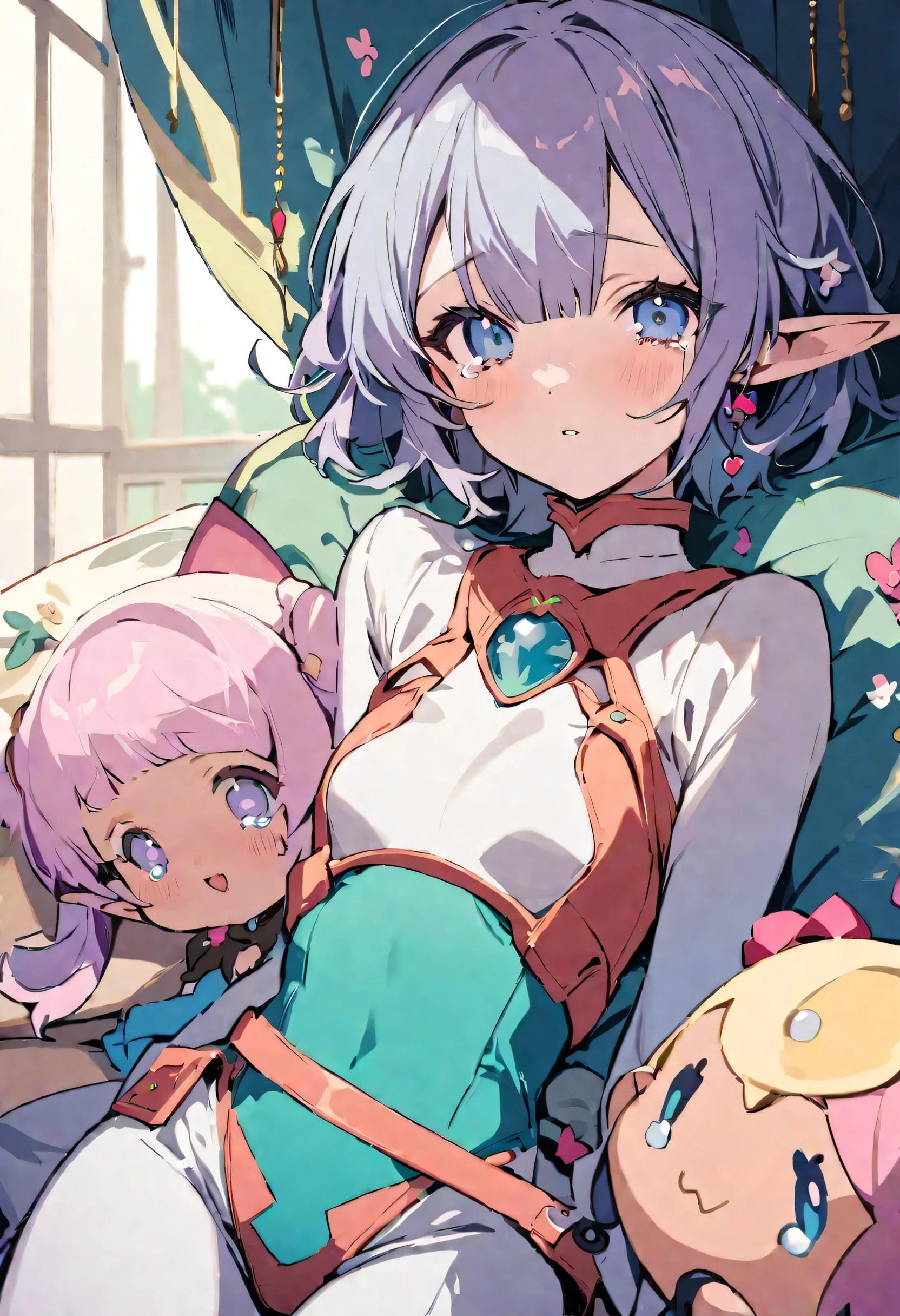 masterpiece, best quality, <lora:mhena-nvwls-v1-000010:0.9> mhEna, hair ornament, choker, green tunic, belt, blue skirt, bridal gauntlets, lying on side, bed, sleeping, closed eyes, smile, pillow, stuffed animal, desk, lamp