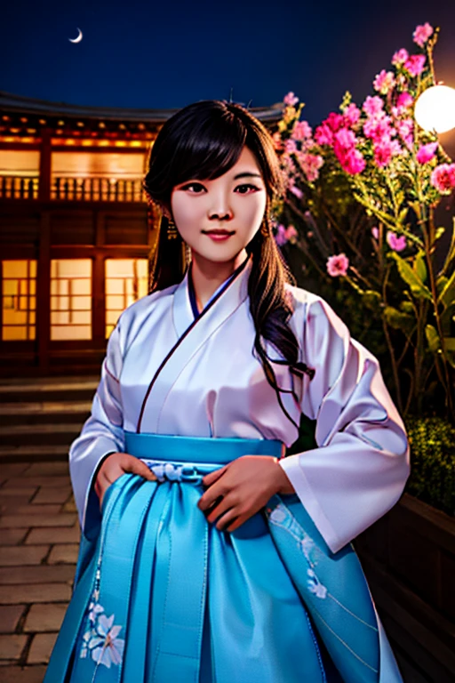 highest quality, expensive_solve, clear_image, Detailed Background ,girl, hanbok,flower,garden,moon, night,