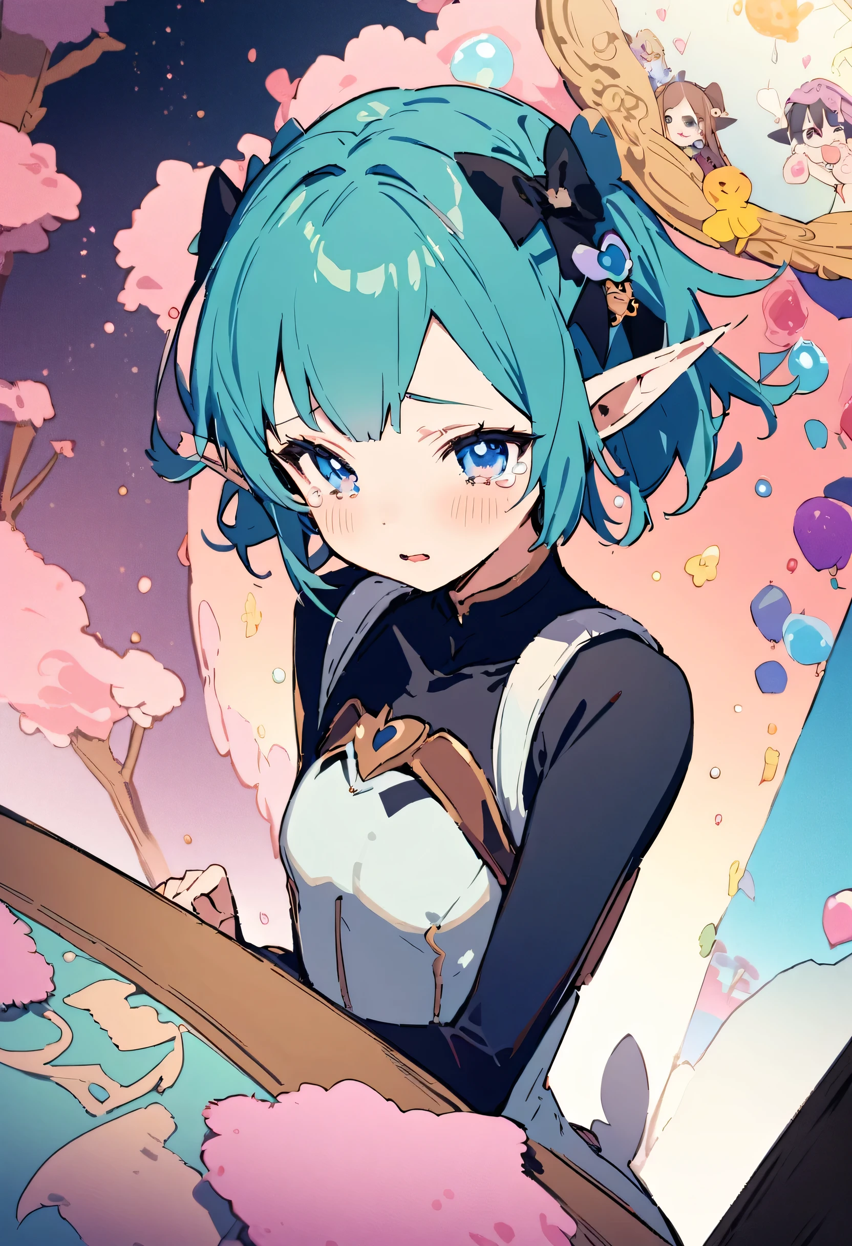 masterpiece, highest quality, Illustration of the novel, High resolution, 18+ Adult content, Sensual, Intimate, Emotional, Passionate, romantic, sweet, Adorable, Innocent, Pure, Charming, Charming, Charm, Mysterious, Charming, Charming, Immersive, Charming, dream-like, Surreal, Imaginative, Whimsical, artistic, Avant-garde, timeless, elegant, Sophisticated, chic, Sophisticated, personality, original, Charming,(( Elf:1.3)),((Beautiful Tears))、Upper Body、(Little),((Tight Combat Suit:1.3)),