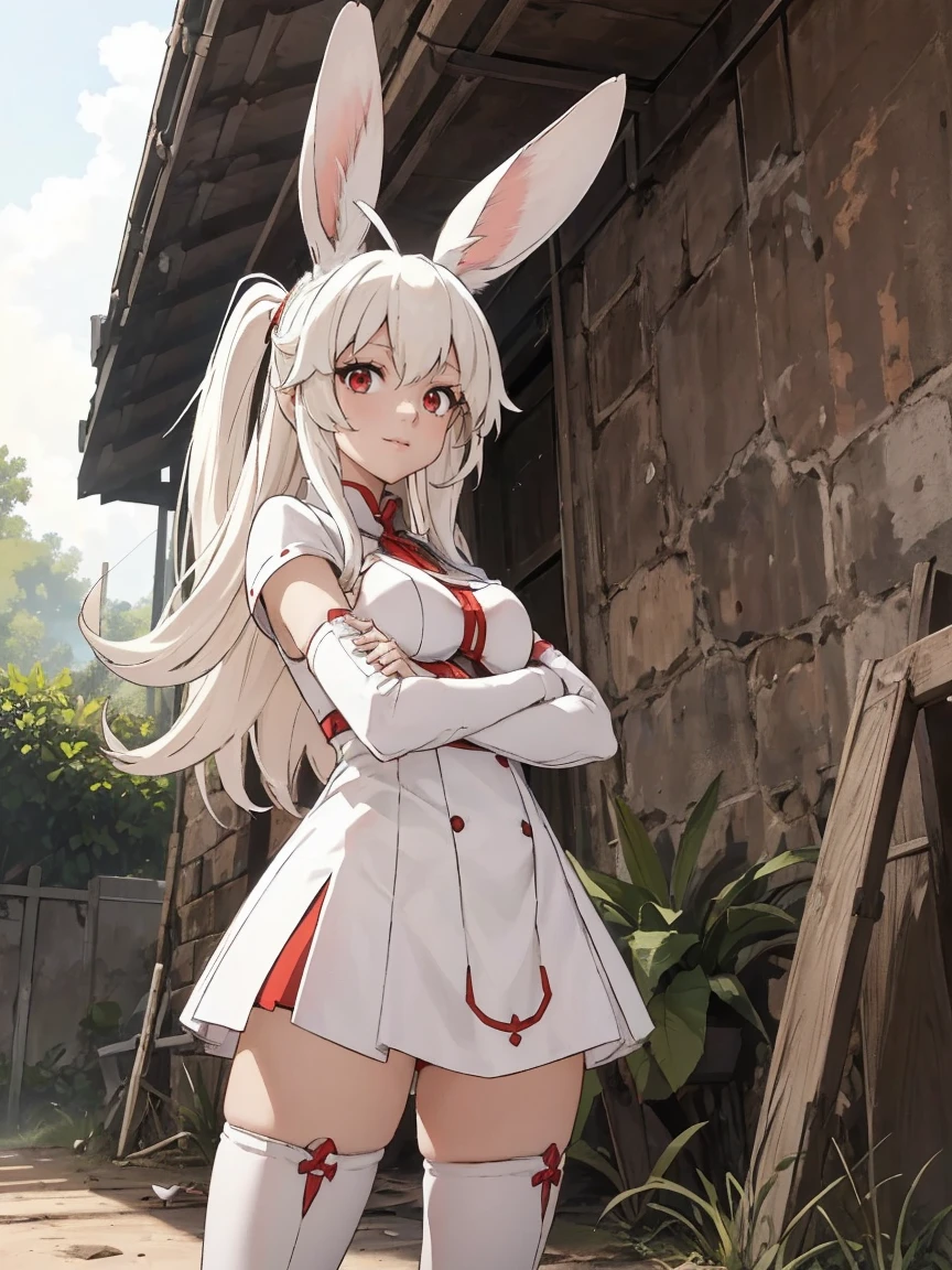 a rabbit girl smilling in the ruins, (rabbit girl)(best quality,high resolution, masterpiece:1.2), female focus, (one girl:1.5), (free hands), beautiful eyes, (white hair:1), detailed eyes, (rabbit ears), (red eyes:1.2), white cloak, happy, fleshy lips, hair ornament, leather armor, Clothes made of tanned leather, detached sleeves, wrist guard, white thighhighs, shin guards, perfect quality, good quality, masterpiece, (arms crossed1.2), Prepare-se para mergulhar em um mundo onde a beleza e o artesanato se fundem perfeitamente, anatomically correct. ultra nitidez