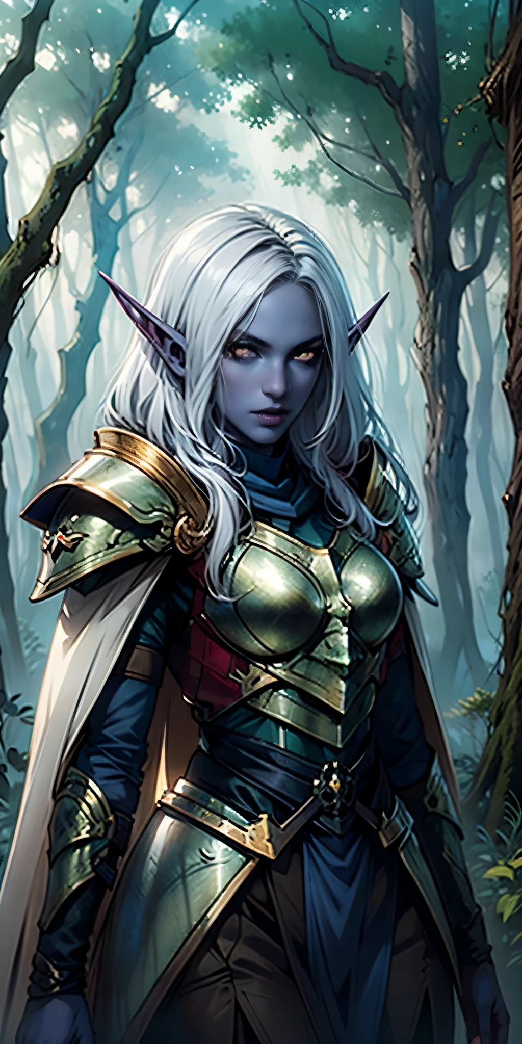 masterpiece, best quality, CG, wallpaper, HDR, high quality, high-definition, extremely detailed, drow, colored skin, dark elf, blue skin, grey skin, pointy ears, cape, armor, looking at viewer, 1girl, forest, dark forest, mythical forest, dimmed light, brown eyes, long hair, chibi