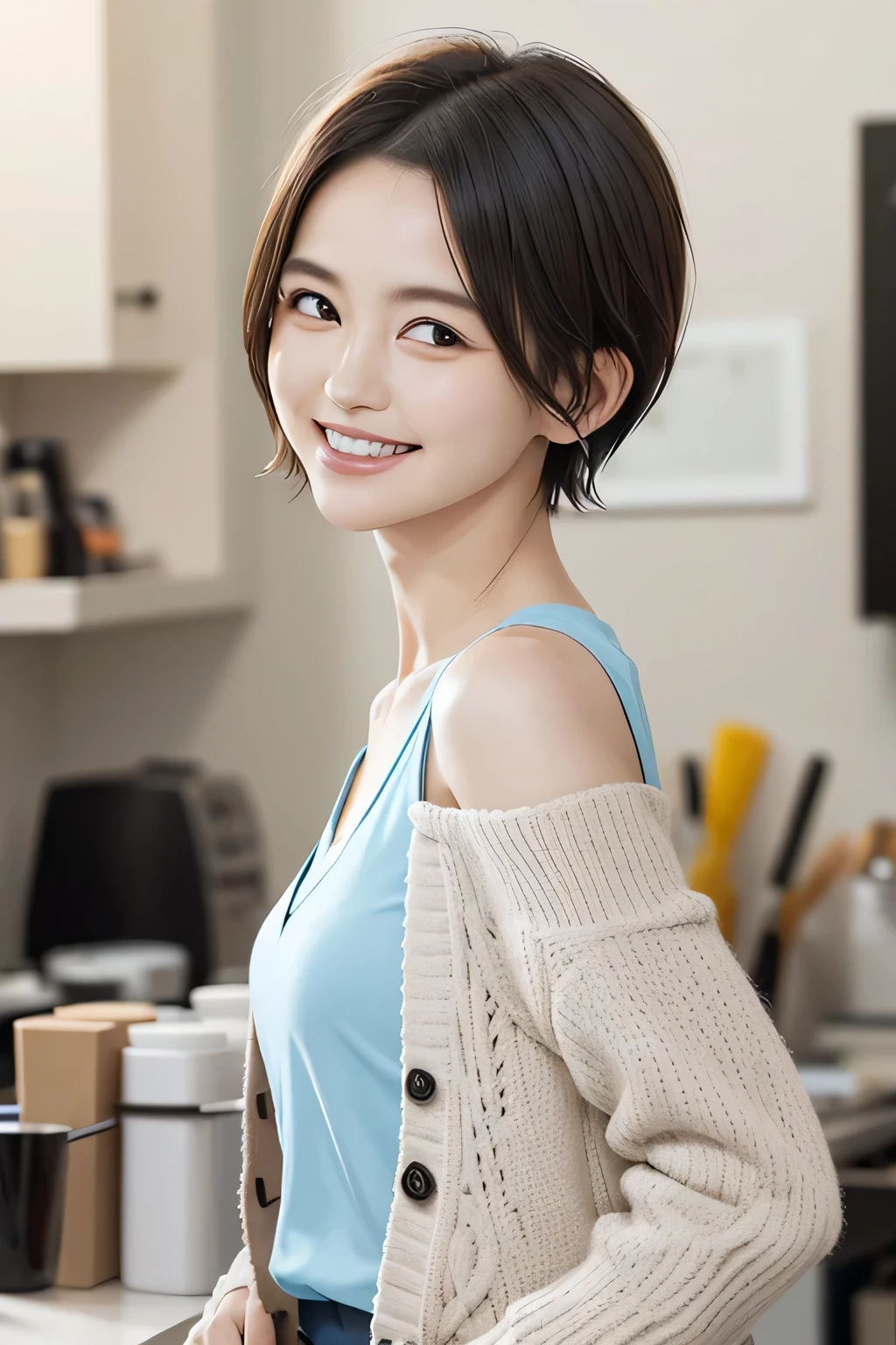 205 ((short hair)), １７Beautiful woman、, cardigan、shirt、Shoulder Fashion、smile、Beautiful teeth alignment、Black Hair、ear piercing、Looking into the camera, The background is the town