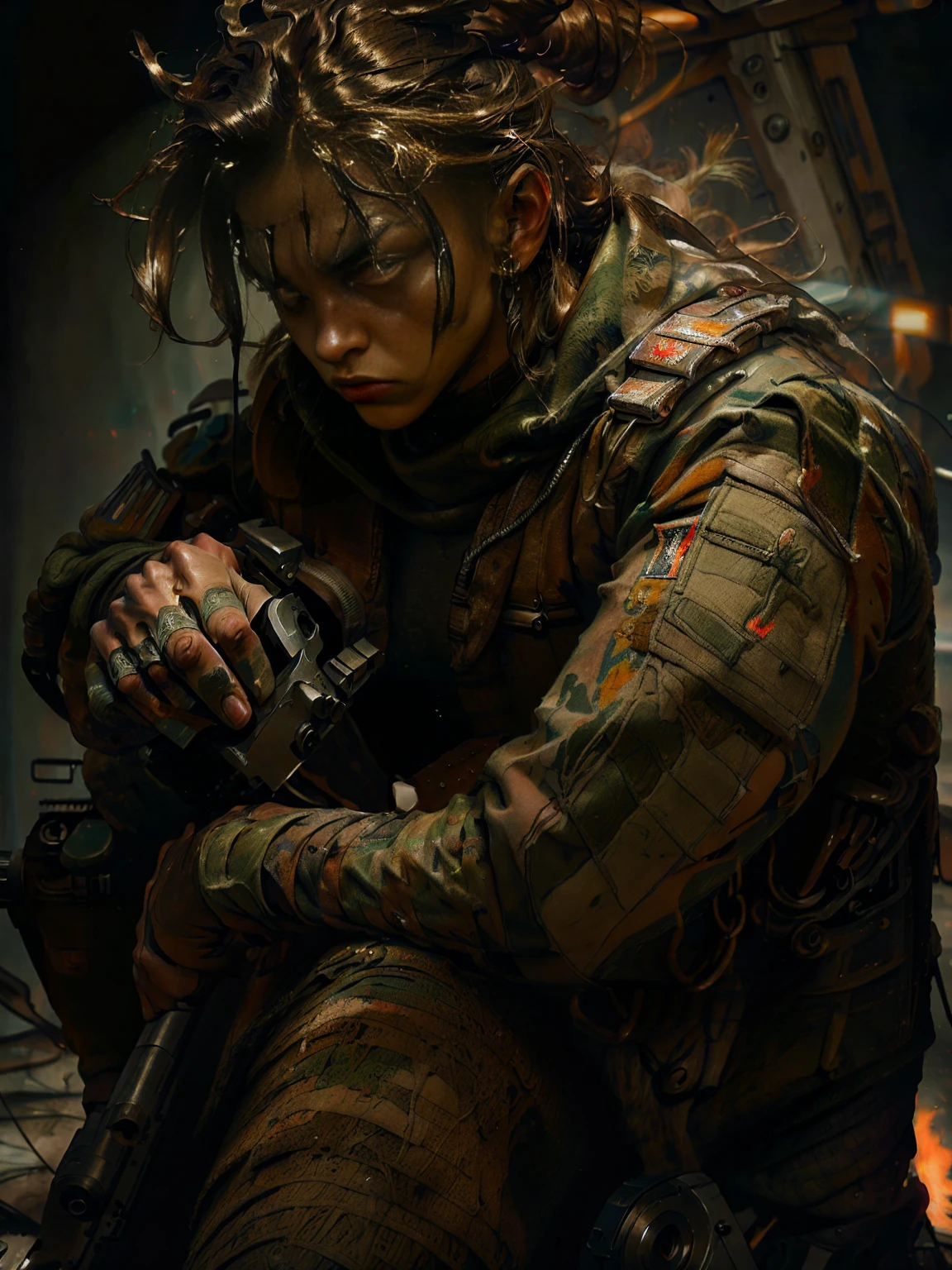 beautiful young woman in tight combat suit, holding a machine gun, action pose, blurred background, gritty photo, HD, 8k, hyper realistic, chiaroscuro lighting, military aesthetic, high-tech weapon, intense expression, muscular build, tactical equipment, cinematographic composition