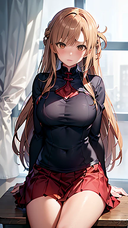 (Best quality, 8k, ultra high res, absurdes:1.2), ( 1girl, beautiful face, beautiful body, Yuuki Asuna, long hair, brown hair, braid, brown eyes, Adult, , shy, blush), (komi_sch),(Classroom, sitting on table), (noon, warm lights, looking at viewer)