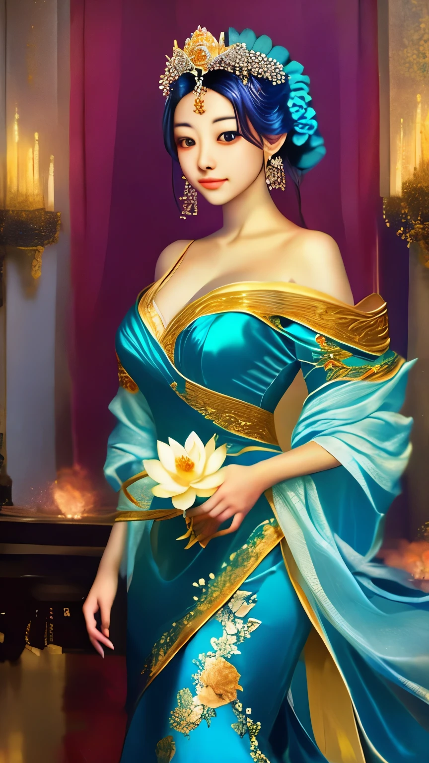a woman in a blue dress holding a flower in her hand, standing gracefully upon a lotus, by Li Song, flower goddess, by Yu Zhiding, with lotus flowers, a beautiful artwork illustration, exquisite digital illustration, beautiful digital artwork, beautiful digital art, gilded lotus princess, by Lu Guang, beautiful gorgeous digital art
