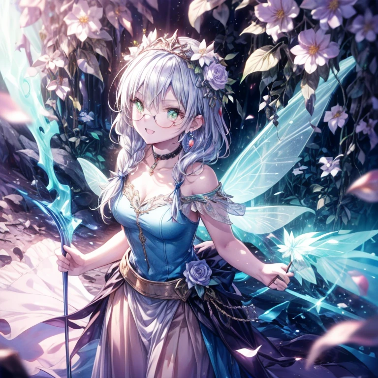 (highest quality, masterpiece, Very detailed, Very detailed, Exquisite, 16k,Full HD),Dramatic lighting, Warm lighting, Soft lighting, Ambient Lighting, ((alone:1.5)),From the side,White Background,From above,((head shot)),Wake up,Lots of flowers,The whole screen is surrounded by flowers.,in the forest,(Crystal Forest),(Fairy Princess, Green Eyes, Long eyelashes,White skin,slim,Pale pink lips,Pale pink cheeks, Light purple hair,thin and long,(thin and high nose,Small Nose),(From above her waist, a giant fairy wing),Diamond Tiara,Diamond Earrings,Diamond Choker,White ball gown dress with diamonds, Lace and frills,(Laughter), (Fantasy, Romantic atmosphere), Magic Light,Glasses