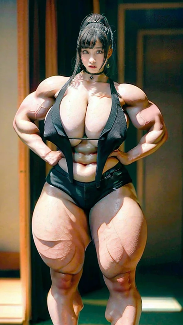 (masterpiece,8k,Award-winning photo,photoRealistic,Realistic,Very detailed,Ultra-high resolution:1.2),Wavy hair with bangs,(Bright rouge lips,sexyな唇), ///one person,The most beautiful,18-year-old,(sexy,Japanese Idols),ponytail///Human details Shiny skin,Detailed skin,Beautiful Skin,Beautifully detailed face,Perfect figure,Beautiful details,///(double eyelid,Droopy eyes),(Huge breasts,Cleavage,Beautiful breasts:1.4),Sunburn,///(Bedroom:1), /// jewelry,Earrings,necklace,(whole body,Attractive body,A expensive beautiful woman is standing:1.8),((Tank top,Shorts,High heels:1.2)),,
///Finished ultra-Realistic textures, RAW Photos,Shine,(expensive,Muscular,Abdominal muscles,Muscularな女の子:1.4)