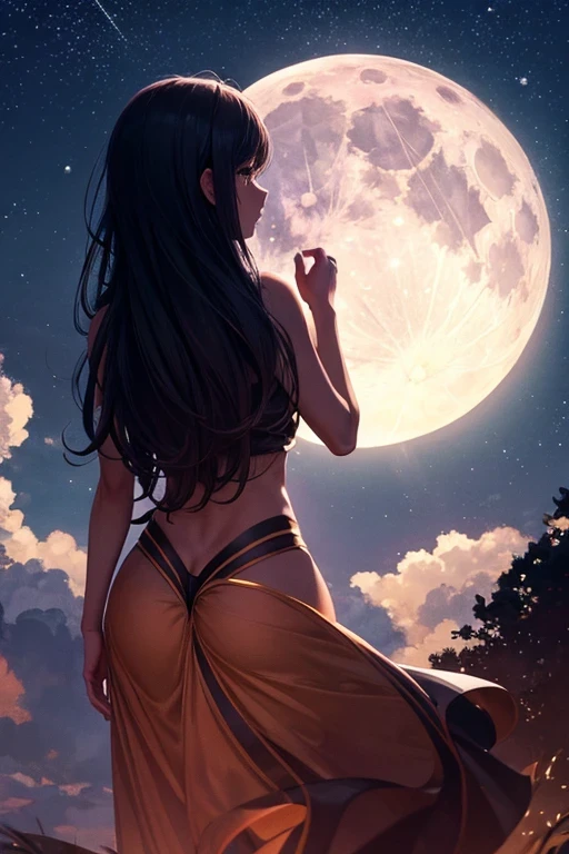 highest quality,Big moon and shadow,A silhouette of a person can be seen against the backdrop of a large moon.,There is one full moon,There is a mood,Beautiful scenery,Starry Sky