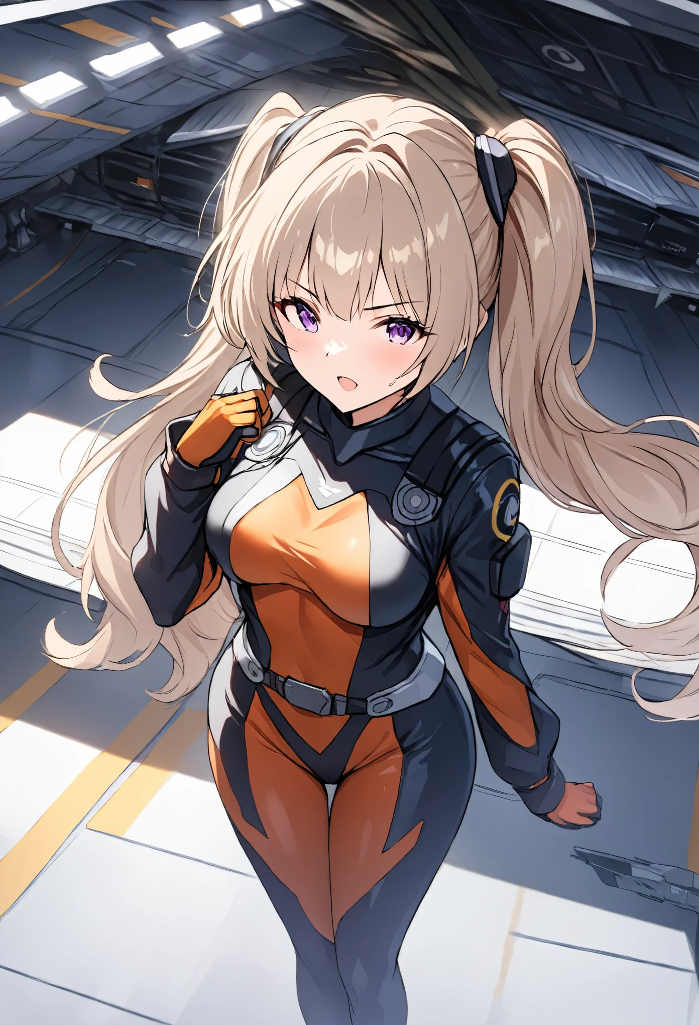 (((master piece Highest quality Unity 16k))),(((tight pilot suit))),1 woman,(Veteran female pilot),dignified expression,(((fighter hangar))),cowboy shot,