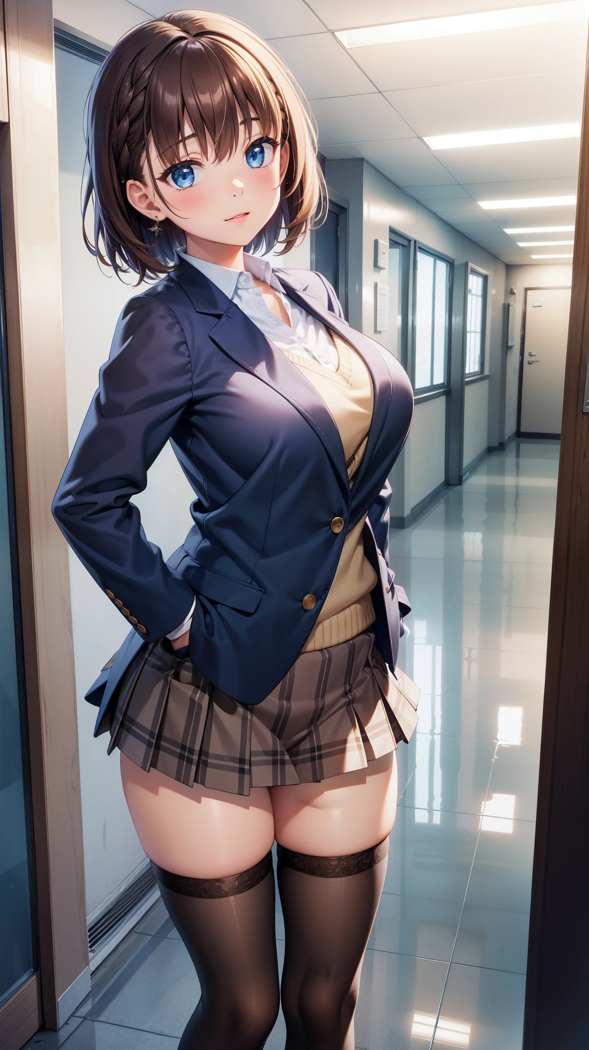 1girl, natural lighting, masterpiece, highly detailed, illustration, game CG, absurdres, high quality, aichan, large breasts, blue eyes, beautiful detailed eyes, short brown hair, side braid, school, blazer, plaid miniskirt, thigh highs, school hallway, hand on hip