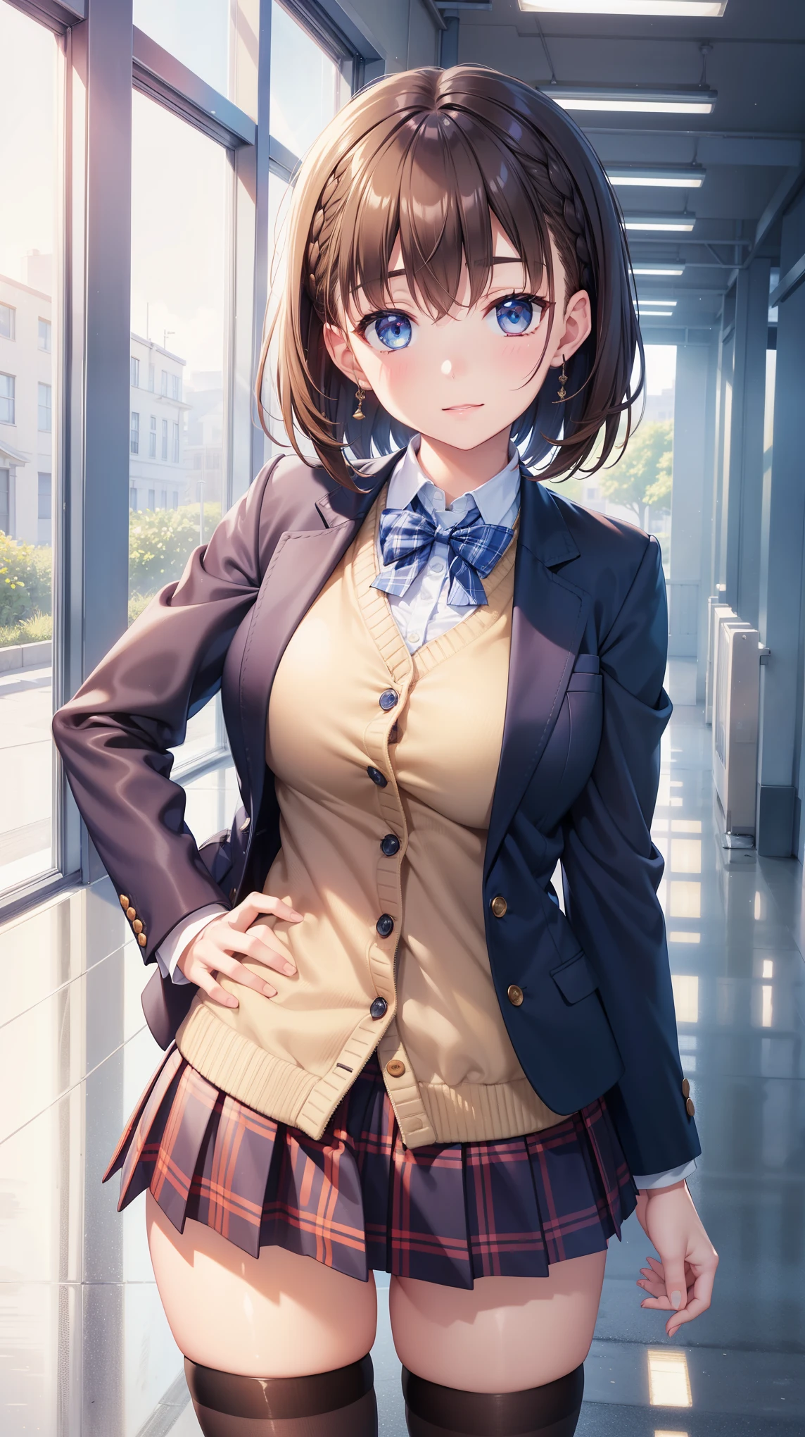 1girl, natural lighting, masterpiece, highly detailed, illustration, game CG, absurdres, high quality, aichan, large breasts, blue eyes, beautiful detailed eyes, short brown hair, side braid, school, blazer, plaid miniskirt, thigh highs, school hallway, hand on hip