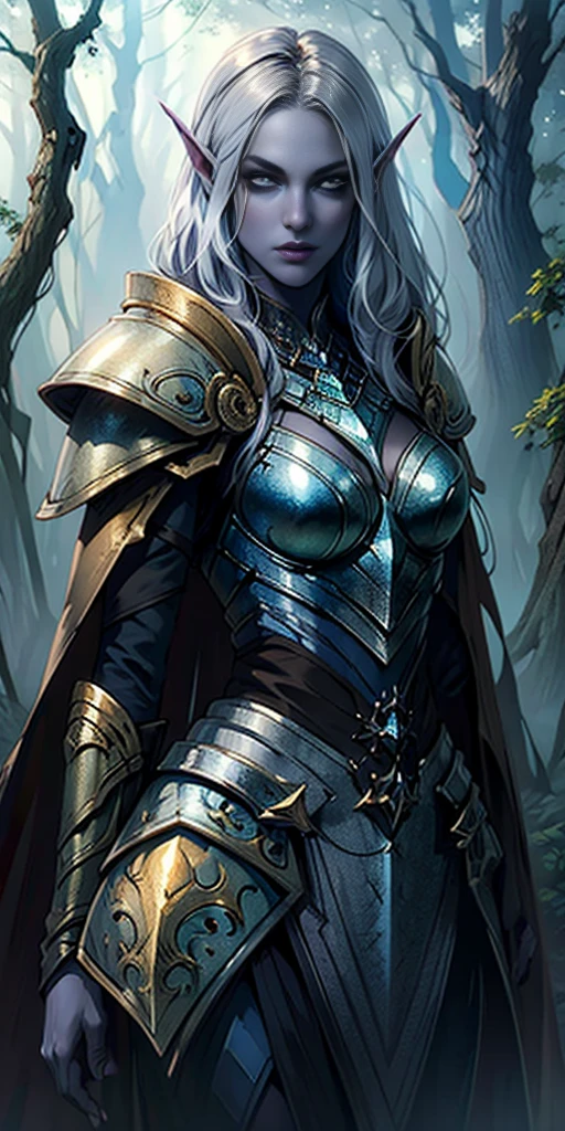 masterpiece, best quality, CG, wallpaper, HDR, high quality, high-definition, extremely detailed, drow, colored skin, dark elf, blue skin, grey skin, pointy ears, cape, armor, looking at viewer, 1girl, forest, dark forest, mythical forest, dimmed light, brown eyes, long hair, chibi