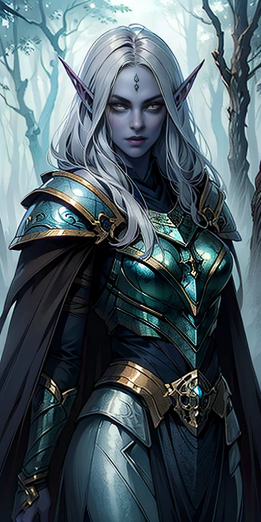 masterpiece, best quality, CG, wallpaper, HDR, high quality, high-definition, extremely detailed, drow, colored skin, dark elf, blue skin, grey skin, pointy ears, cape, armor, looking at viewer, 1girl, forest, dark forest, mythical forest, dimmed light, brown eyes, long hair, chibi