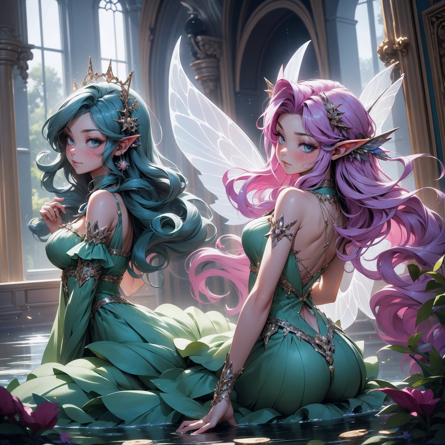 (Absurd, high quality, ultra -compared, careful with the hand) fairy, fairy wings, dreamer body, vivid, romantic and all. Optimistic face, just lies, without entry and intellectual. Green dress. Reckless style, sweet and passion, Gray eyes, cute (eyes of the eyes), enchanted fairy (pixie) . long hair, magenta hair. In the carnival row illustration, flying, dancing lithgly, Whole body,  sitting on the water, on nature, backwards, looking back