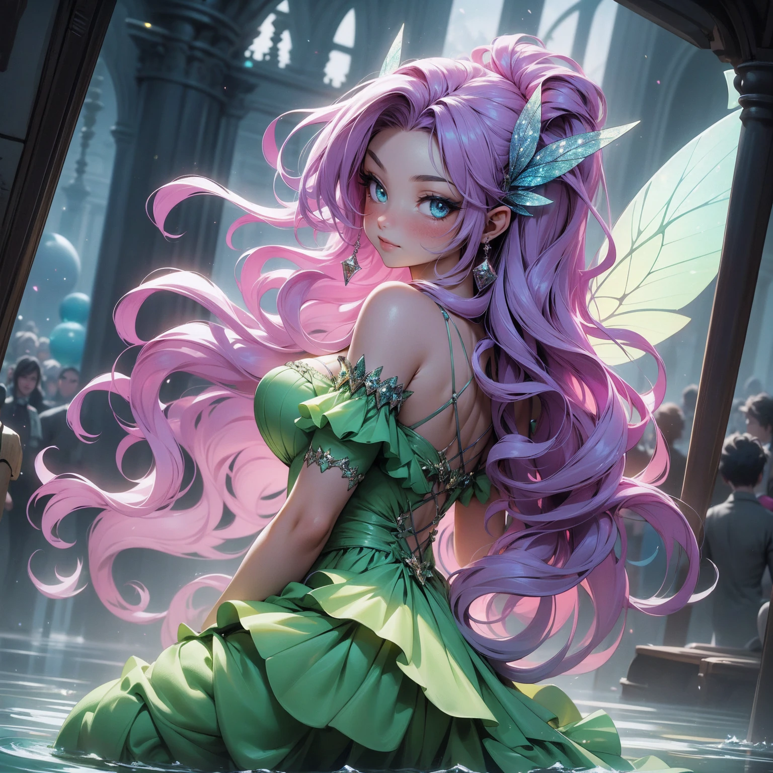 (Absurd, high quality, ultra -compared, careful with the hand) fairy, fairy wings, dreamer body, vivid, romantic and all. Optimistic face, just lies, without entry and intellectual. Green dress. Reckless style, sweet and passion, Gray eyes, cute (eyes of the eyes), enchanted fairy (pixie) . long hair, magenta hair. In the carnival row illustration, flying, dancing lithgly, Whole body, sitting on the water, on nature, backwards, looking back