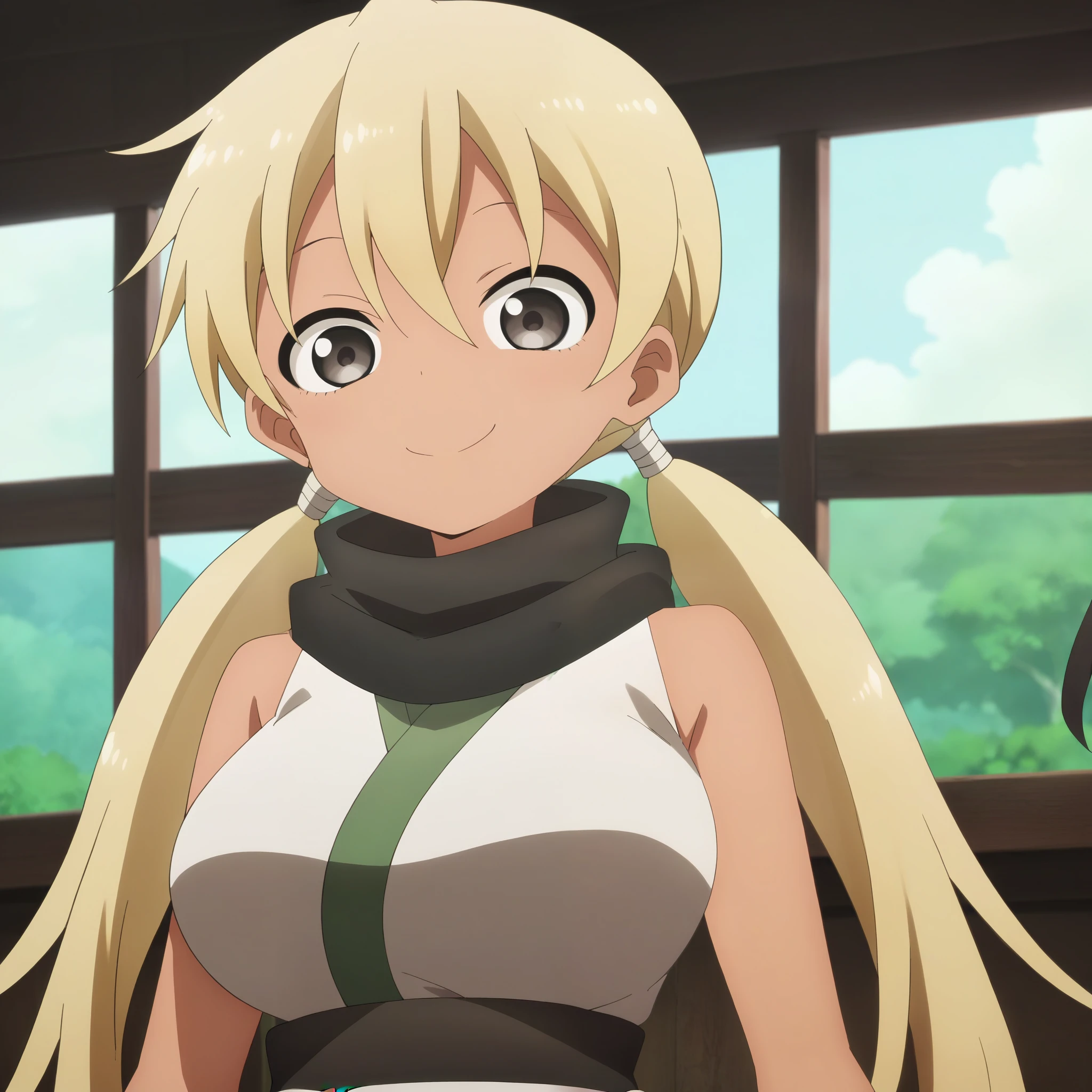 1girl, solo, asagao, long hair, breasts, bangs, blonde hair, large breasts, hair between eyes, bare shoulders, twintails, very long hair, japanese clothes, sleeveless, dark skin, kimono, scarf, dark-skinned female, grey eyes, bare arms, low twintails, black scarf, sleeveless kimono,score_9, score_8_up, score_7_up, score_6_up, score_5_up, score_4_up , anime coloring ,BREAK source_anime, anime,
looking at viewer, smile, (upper body),
indoors, japanese room,