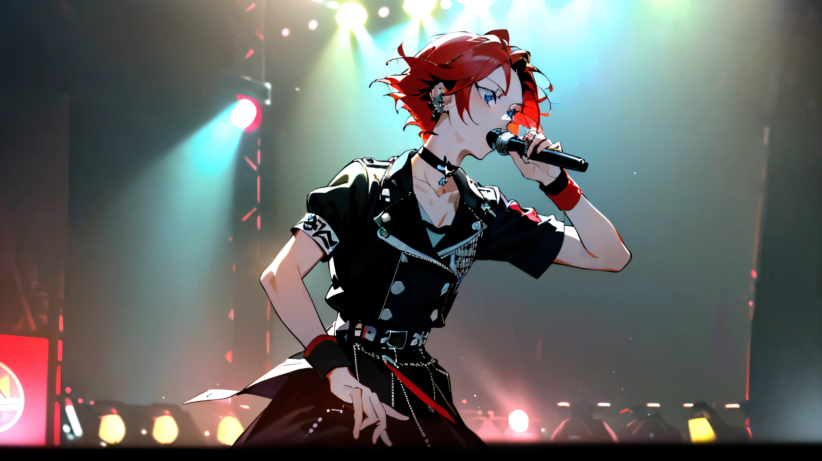 (((masterpiece,Highest quality))),((A singing anime character with short red hair and blue eyes)),((Singing passionately on stage at an outdoor live festival in the middle of the summer day)),((Enthusiastic look)),(((Black and white punk fashion,Wristband,choker,Multiple Piercings))),Focus so you can see the whole body,(high quality),singing