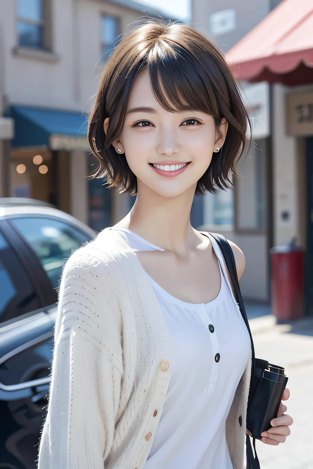 205 ((short hair)), 17Beautiful woman、, cardigan、shirt、Shoulder Fashion、smile、Beautiful teeth alignment、Black Hair、ear piercing、Looking into the camera, The background is the town