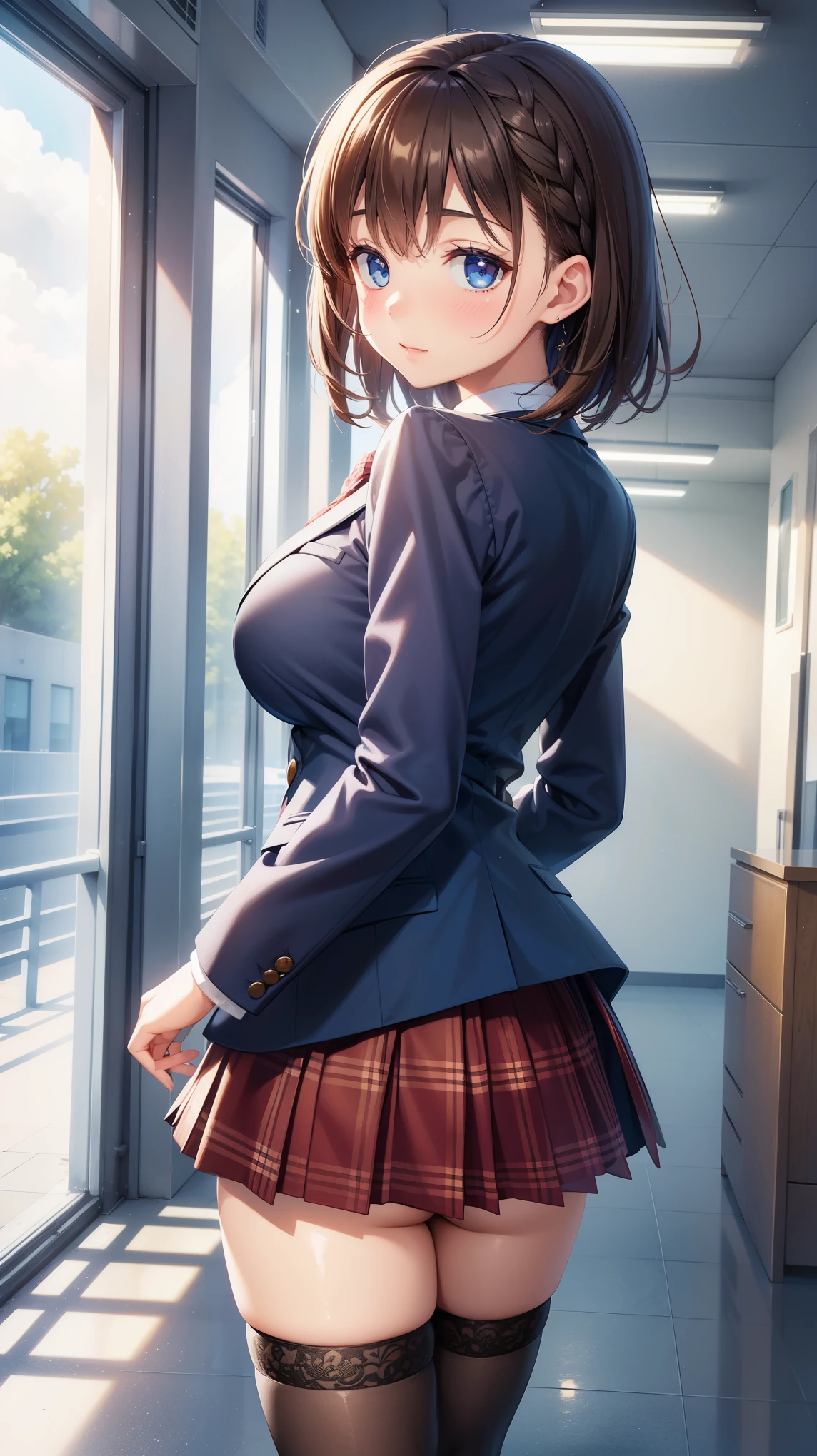 1girl, natural lighting, masterpiece, highly detailed, illustration, game CG, absurdres, high quality, aichan, large breasts, blue eyes, beautiful detailed eyes, short brown hair, side braid, school, blazer, plaid miniskirt, thigh highs, school hallway, looking back at viewer