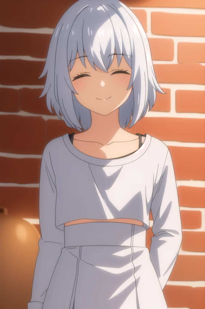((Best quality))), ((Ultra-detailed)), ((illustration)), ((Disheveled hair)), ((frilld)), (1 girl), (Solo), 1girl,bangs,blurry,bow,brick_wall,closed_eyes,closed_mouth,collarbone,dress,hair_flaps,indoors,short_hair,photo_(medium),smile,solo,white_dress,rating:safe,Princess_dress,short_hair, silver_hair