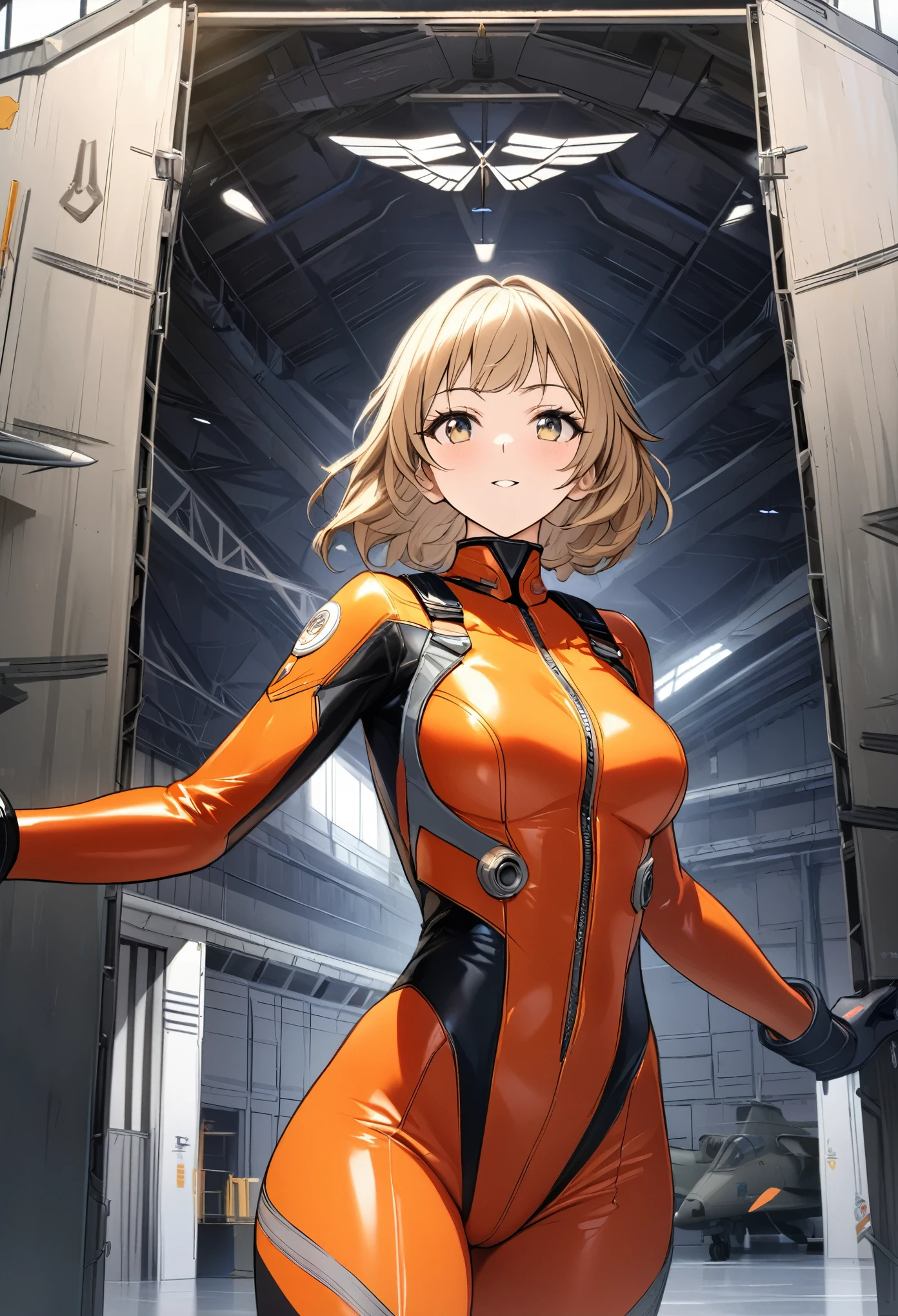 (((master piece Highest quality Unity 16k))),(((tight pilot suit))),1 woman,(Veteran female pilot),dignified expression,(((fighter hangar))),cowboy shot,