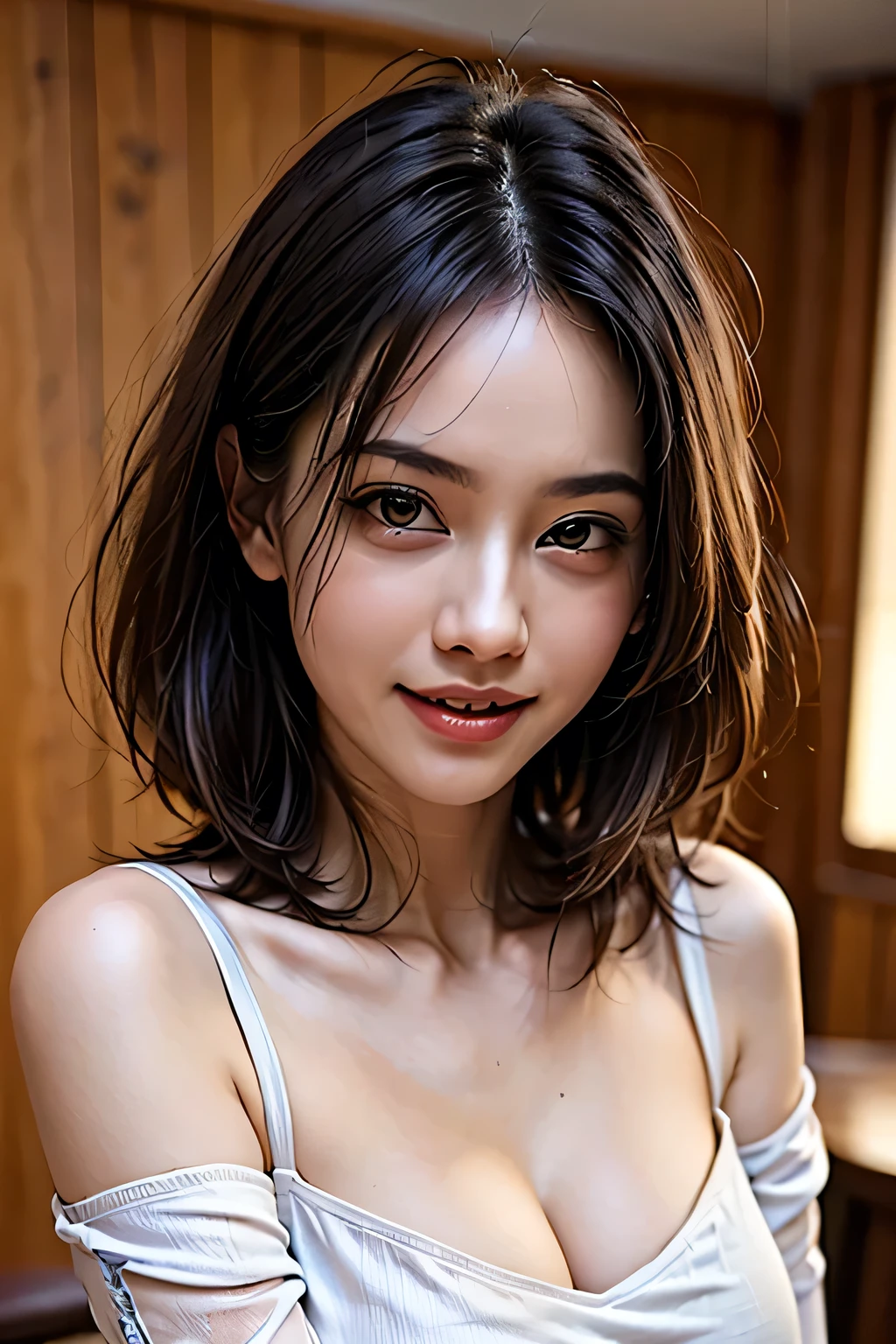 ((Realistic Light, highest quality, 8k, Tabletop: 1.3)), 1 girl, (orgasm face), Slim body beauty: 1.4, Brown Hair, (orgasm face), (((Super large: 1.3)), Off-the-shoulder cut top: 1.3, Highly detailed face, fine grain, double eyelid, My Room, smile, Cleavage, Saggy breasts, (((beauty of Saggy breasts))