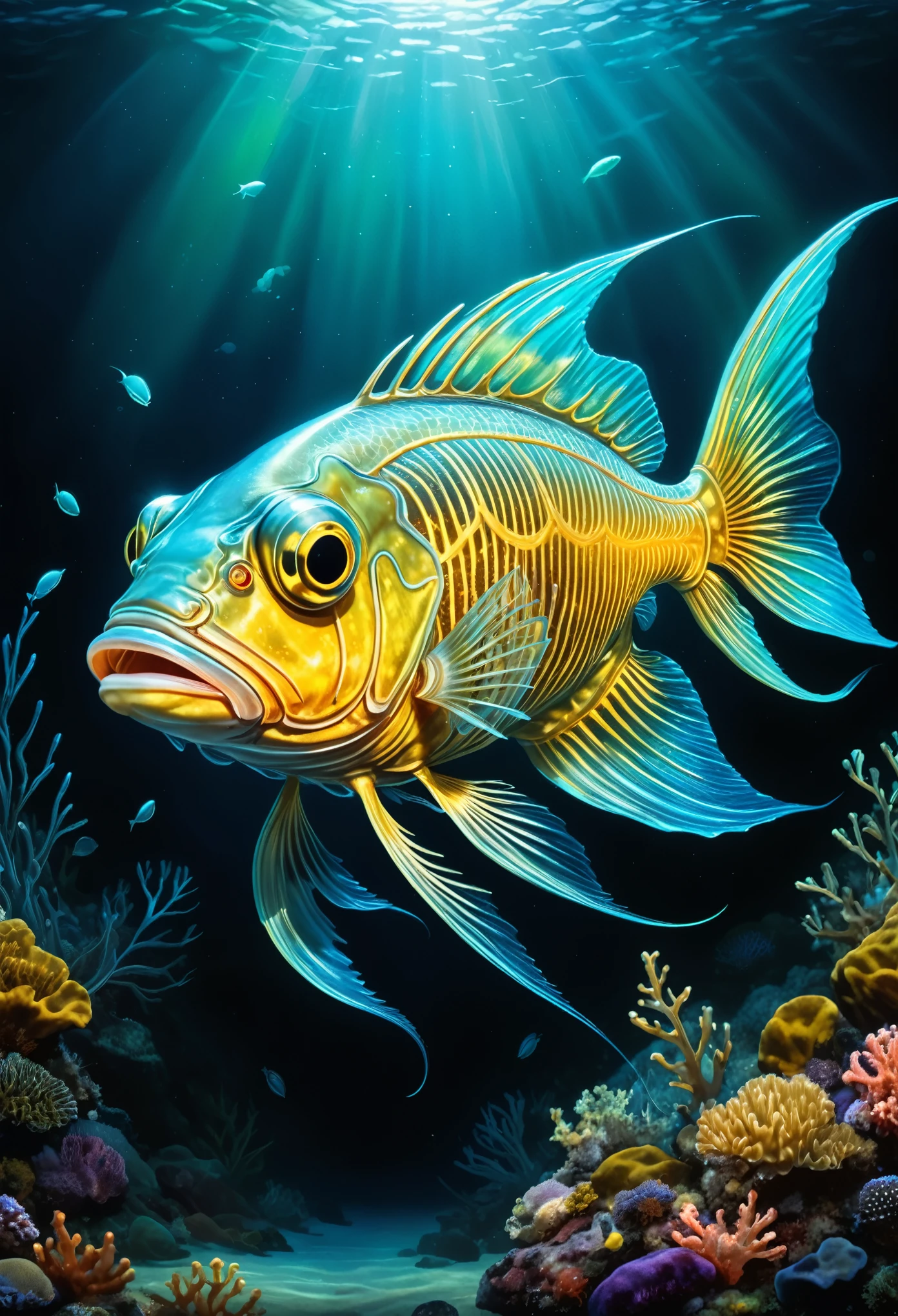 Fotorrealista, Detailed digital illustration of a bioluminescent lanternfish in the depths its skin is translucent and its bones glow fastasmagorically beautiful painting masterpiece of the ocean in a coastal estuary with diverse marine life Gorgeous splash of vibrant paint, hora dorada,