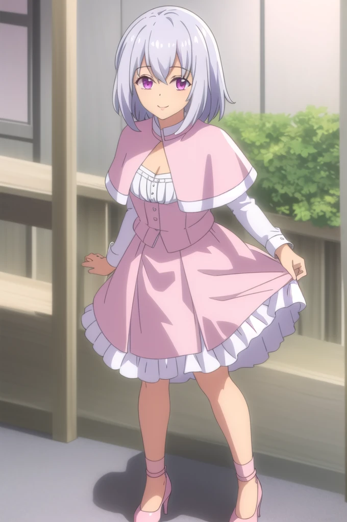 ((Best quality))), ((Ultra-detailed)), ((illustration)), ((Disheveled hair)), ((frilld)), (1 girl), (Solo), 1girl, looking_at_viewer, solo, standing, rating:safe, breasts, capelet, cleavage, clothes_pull, clothing, dress, female, footwear, high_heels, short_hair, makaria, shoes, skirt, skirt_hold, skirt_lift, skirt_pull, smile, white_dress, pink_footwear, pink_shoes,purple_eyes, silver_hair