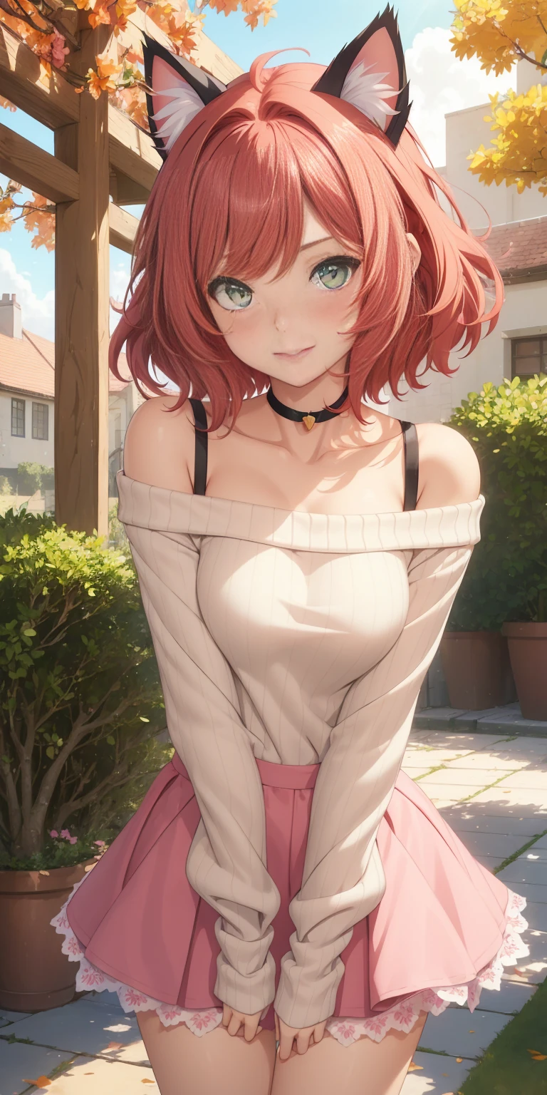 (((1 cat-girl))), ((cat ears)) solo, (((short light red hair tousled by the wind))), green eyes, pink off-shoulder sweater with long sleeves and kawaii skirt, spaghetti straps, shorts, lace, look at the viewer, luxurious, elegant, extremely detailed, pink lips, shy smile, feminine charm, blushing, beautiful sky, park, autumn trees, garden, butterfly, beautiful flowers, depth of field