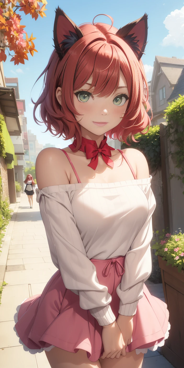 (((1 cat-girl))), ((cat ears)) solo, (((short light red hair tousled by the wind))), green eyes, pink off-shoulder sweater with long sleeves and kawaii skirt, spaghetti straps, shorts, lace, look at the viewer, luxurious, elegant, extremely detailed, pink lips, shy smile, feminine charm, blushing, beautiful sky, park, autumn trees, garden, butterfly, beautiful flowers, depth of field