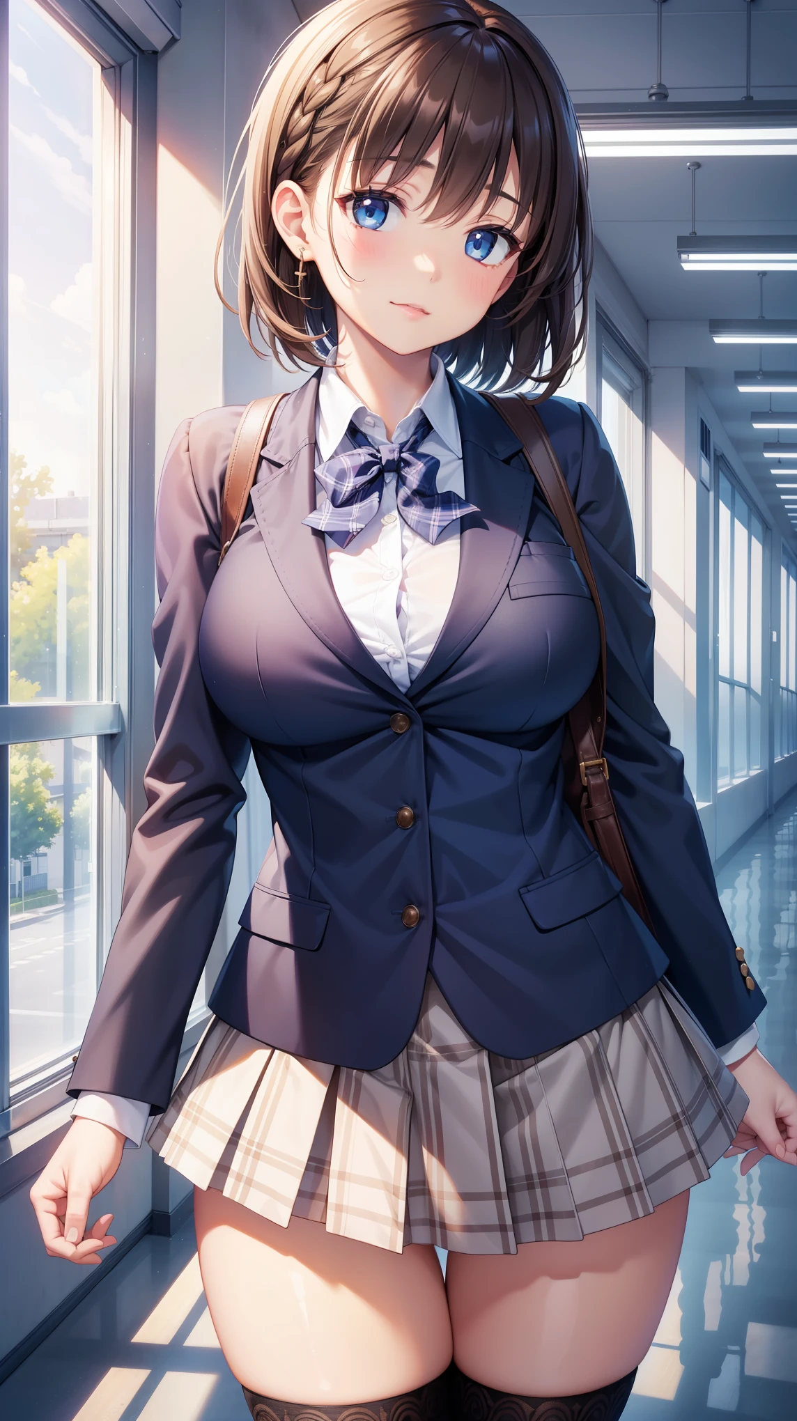 1girl, natural lighting, masterpiece, highly detailed, illustration, game CG, absurdres, high quality, aichan, large breasts, blue eyes, beautiful detailed eyes, short brown hair, side braid, school, blazer, plaid miniskirt, thigh highs, school hallway