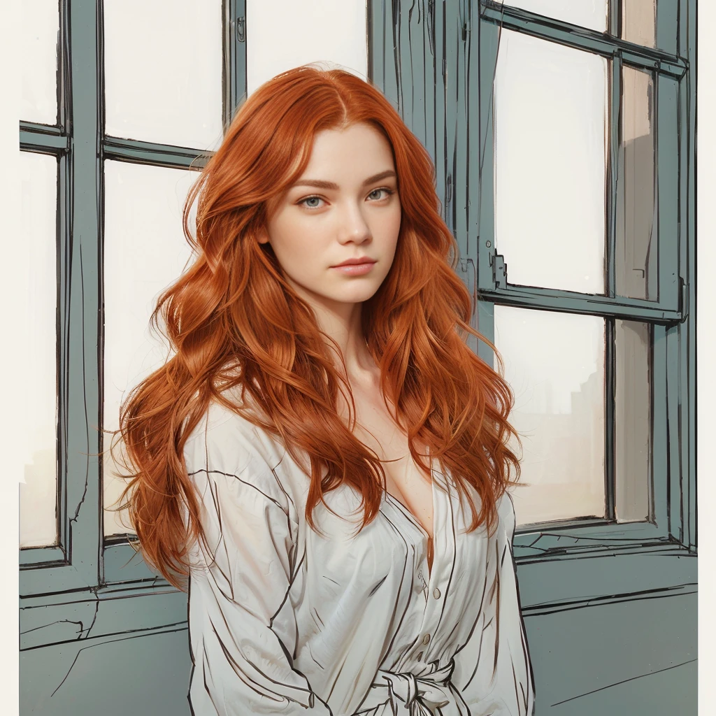 a close up of a woman with red hair standing in front of a window, moebius + artgerm, style of charlie bowater, in style of charlie bowater, portrait of jean grey, phil noto and james jean, shallan davar, phil noto, phil noto comic art, phil noto and rebecca guay