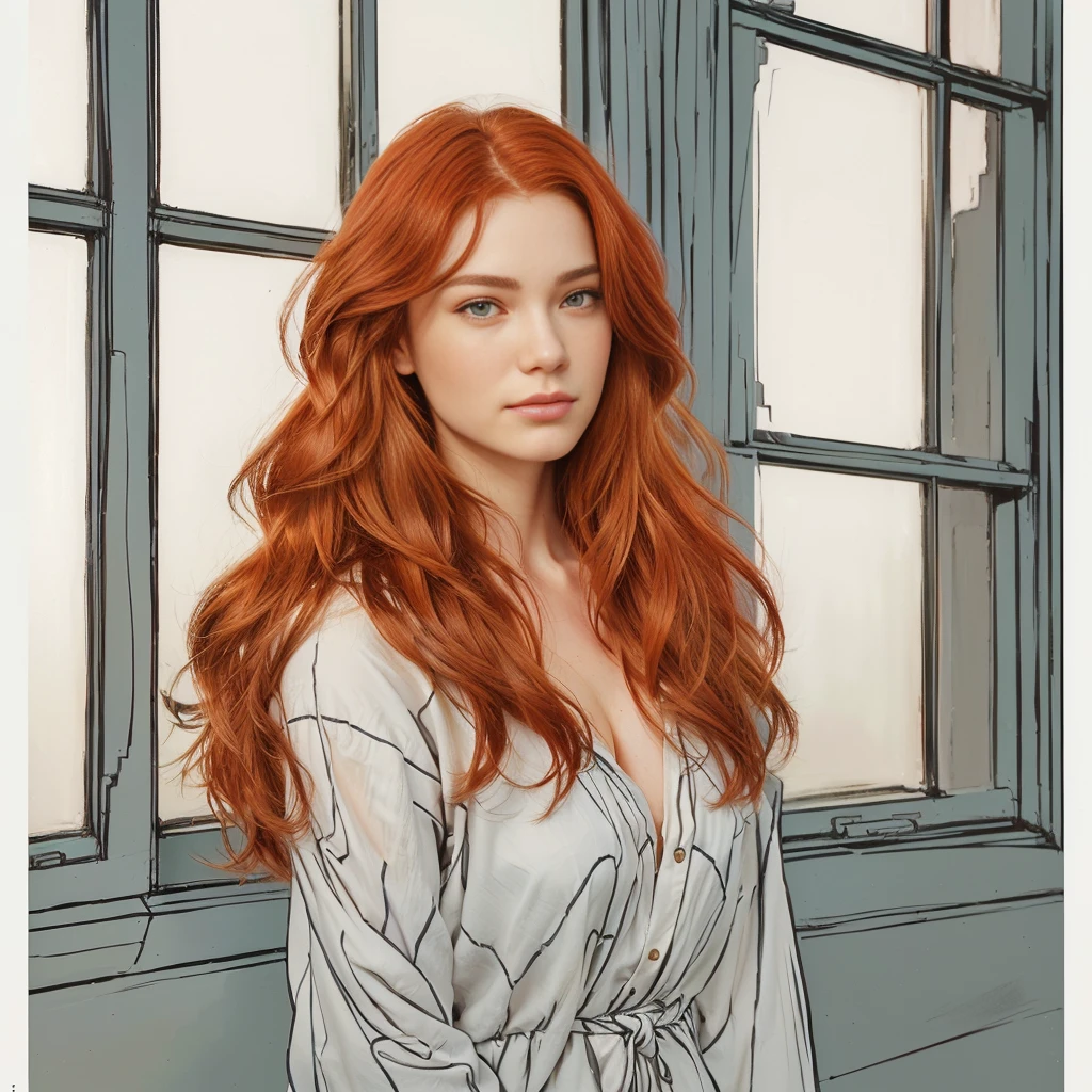 a close up of a woman with red hair standing in front of a window, moebius + artgerm, style of charlie bowater, in style of charlie bowater, portrait of jean grey, phil noto and james jean, shallan davar, phil noto, phil noto comic art, phil noto and rebecca guay