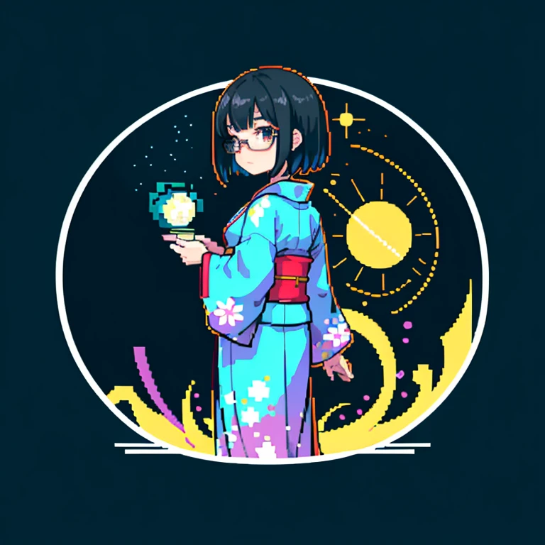 Pixel Style Masterpiece, Cute Quality at Best,
Pixelart, Adorable Subject,
Rolled Eyes Create Expression,
Black Pixelated Hair,
Frames Glasses with Pixel Detail,
Short Pixelated Hair, Detailed with Care,
Colorful Pixelated Background,
Radial Lines Add Dynamic Element,

Distantly standing Girl, Wearing Kimono Looking at Stars, (Zoomed Out: 1.1), (Meteor Shower: 1.2), (Comet: 1.1), your Name, Low Angle, From Behind, Northern Lights, Shooting Stars, Yukata, Red Kimono, Cher