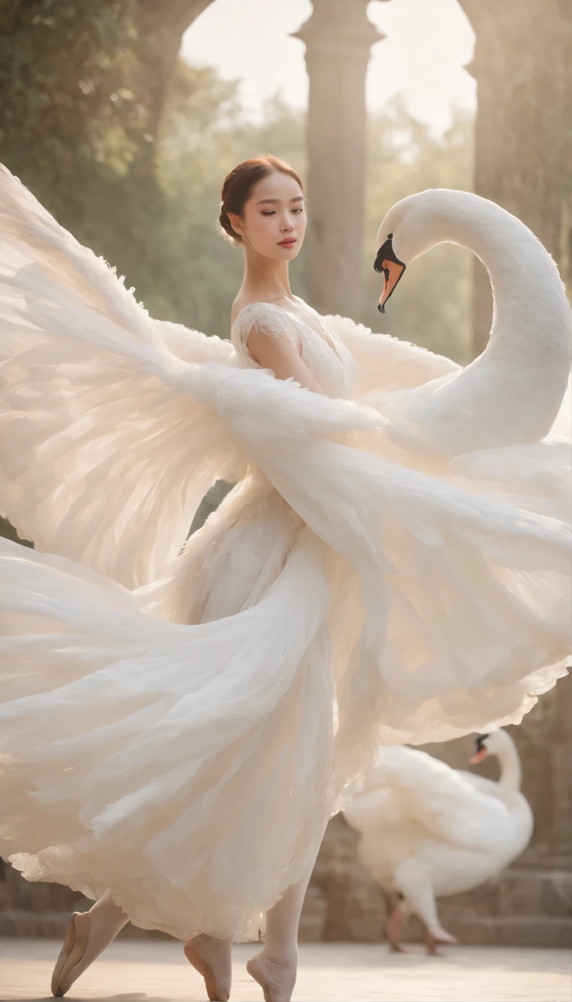 title:The Epochal Swan Transcendent Ballet - 8K Grand Masterpiece for Atmospheric and Vast Scenes Description: A flock of swans cleverly disguised as humans、In a sacred Sunday ceremony、Despite the confusion, they perform an exquisite and graceful dance.。The intricate costumes decorated with intricate patterns、Sparkling in the sun、Gives the image the illusion of depth and complexity。The soft, flowing fabric floats with the breeze.、Adds a captivating aura。The dance is complicated and full of costumes.、The result is the best image